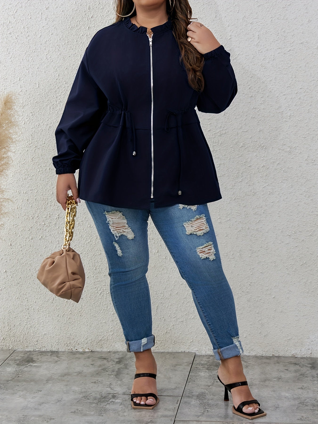 Plus Size Casual Coat, Women's Plus Solid Lettuce Trim Long Sleeve Drawstring Zipper Coat