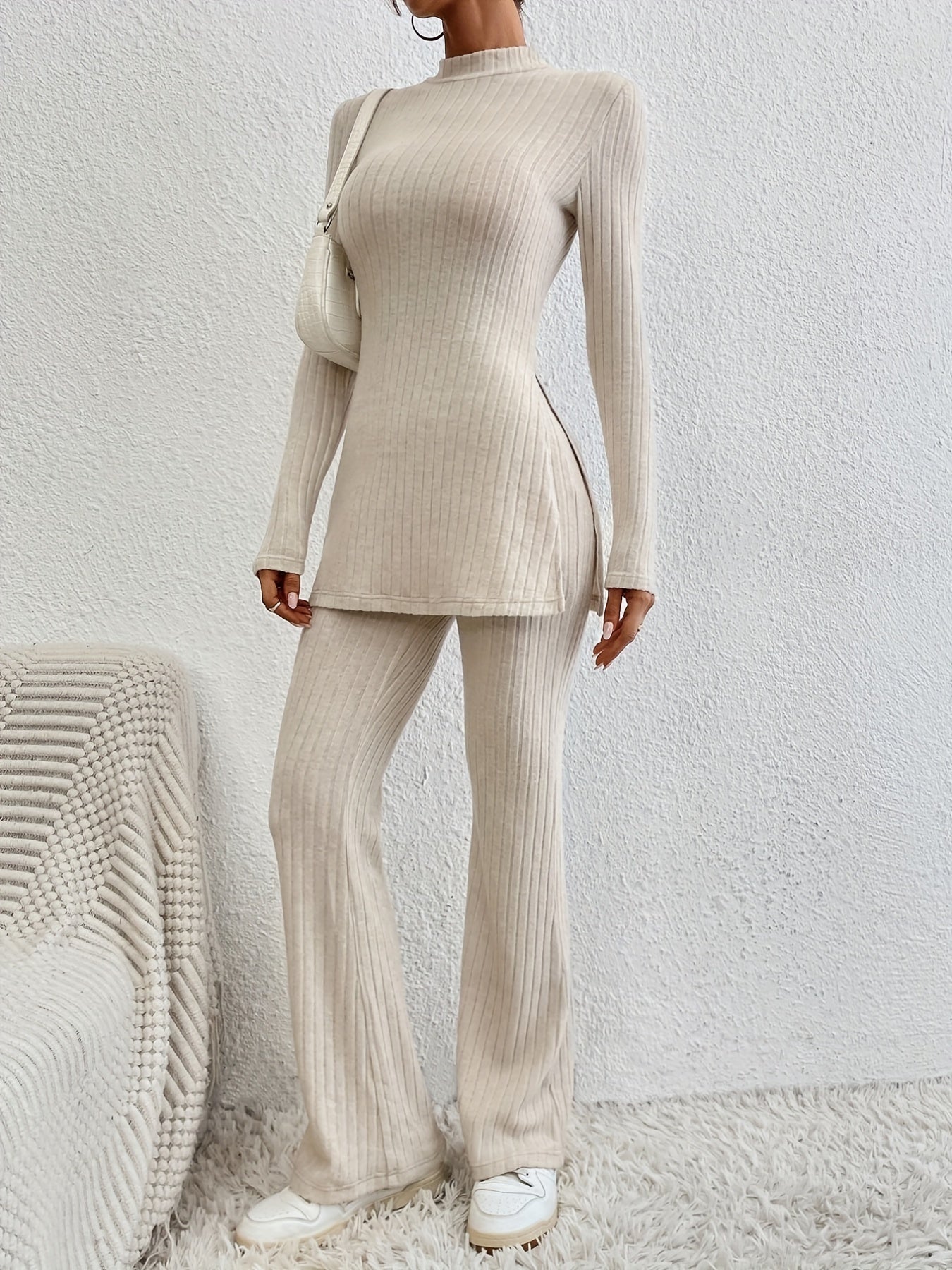 gbolsos Solid Ribbed Lounge Set, Long Sleeve Side Split Top & Elastic Waistband Pants, Women's Loungewear & Sleepwear