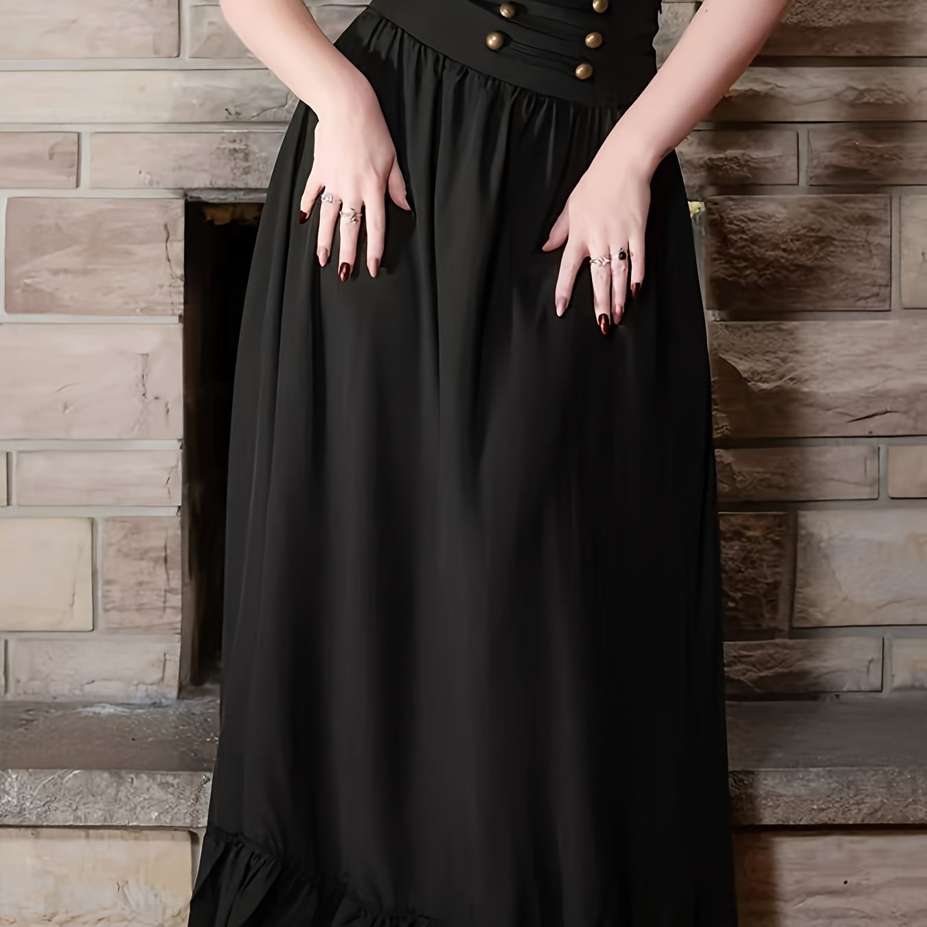gbolsos Solid High Waist Button Decor Skirt, Casual A-line Ruffle Hem Lace Up Skirt, Women's Clothing