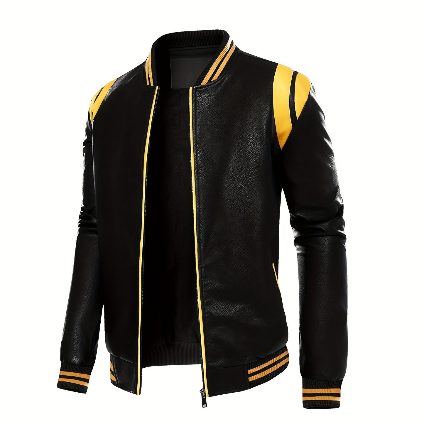 gbolsos Chic Color Block PU Jacket, Men's Casual Baseball Collar Faux Leather Biker Jacket