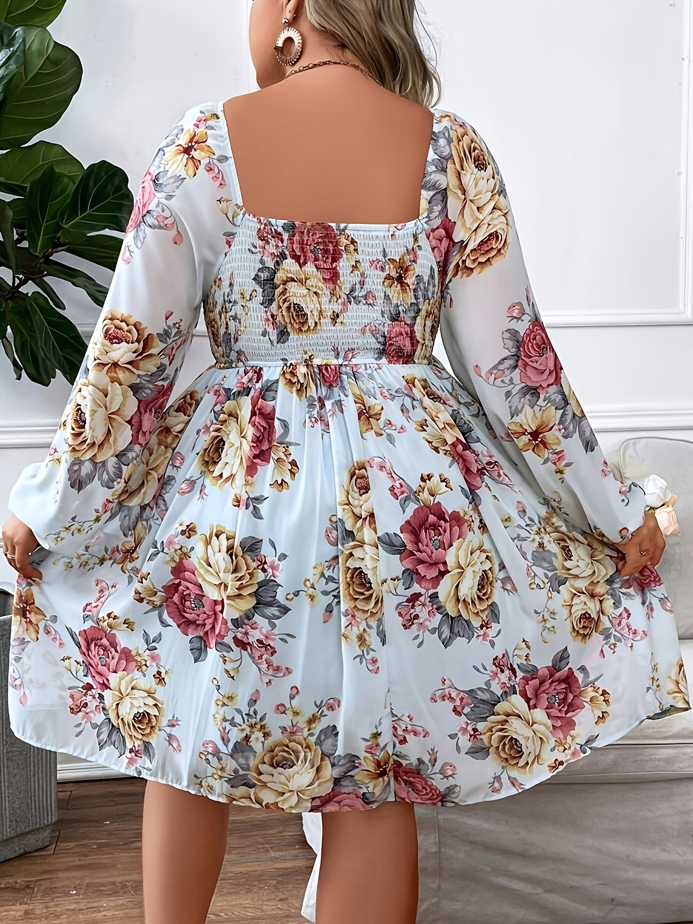 gbolsos Plus Size Elegant Dress, Women's Plus Shirred Ditsy Floral Print Lantern Sleeve Square Neck Nipped Waist Dress