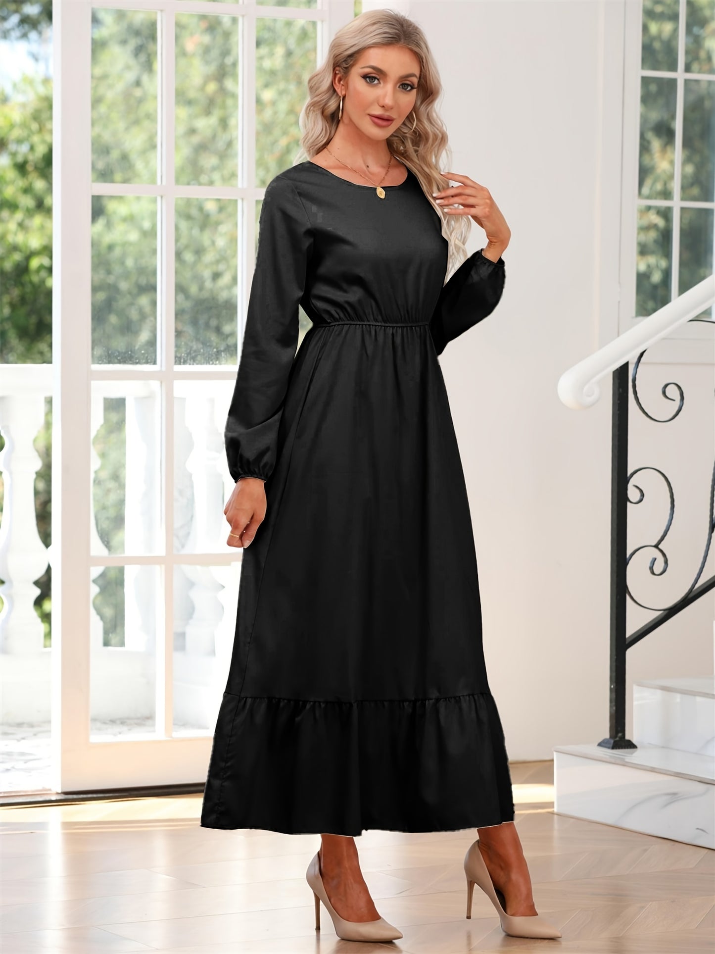 gbolsos Elegant Crew Neck Draped Extra-long Dress, Casual Long Sleeve Solid Elastic Waist Ruffle Hem Party Long Dresses, Women's Clothing