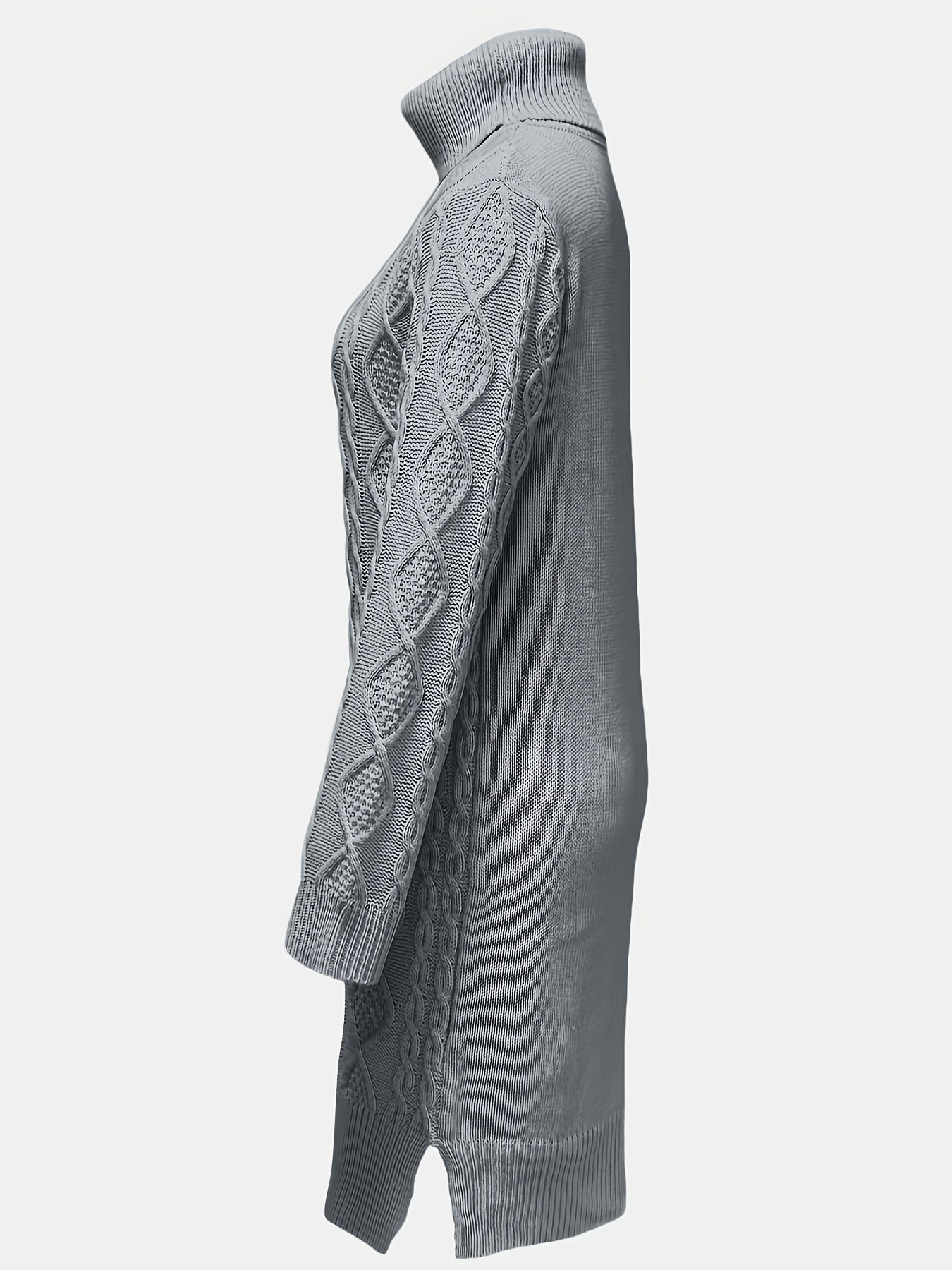 Solid Turtleneck Split Knitted Dress, Elegant Long Sleeve Dress For Fall & Winter, Women's Clothing