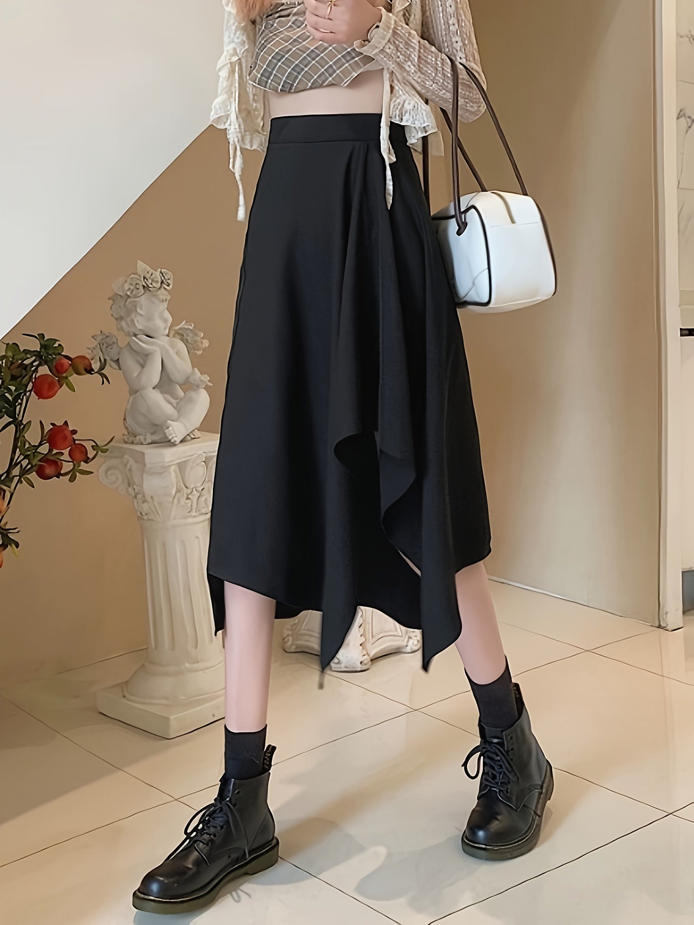 gbolsos Solid High Waist Draped Skirt, Casual Asymmetrical Hem Flared Midi Skirt, Women's Clothing