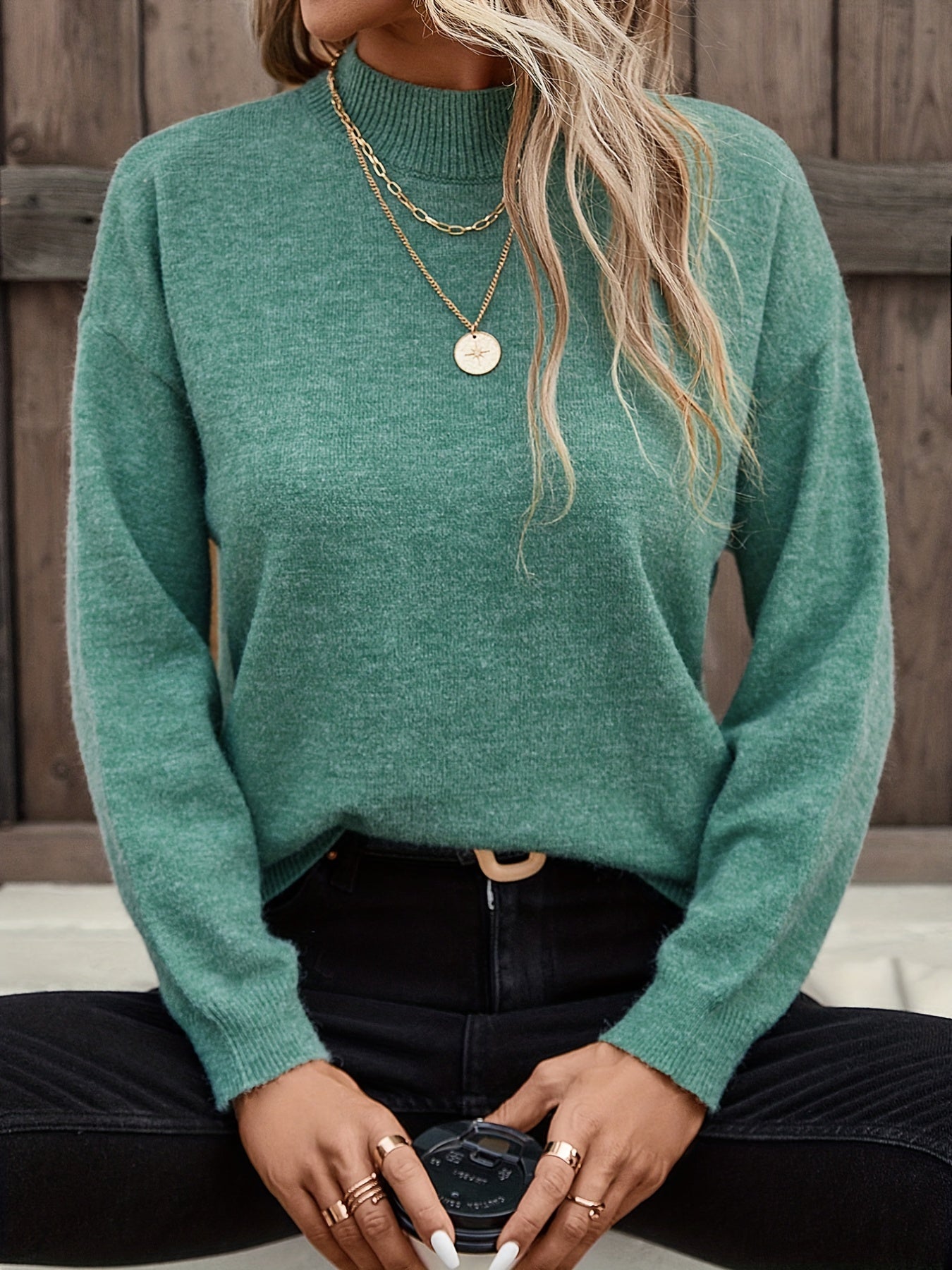 gbolsos Solid Mock Neck Pullover Sweater, Casual Long Sleeve Sweater, Women's Clothing