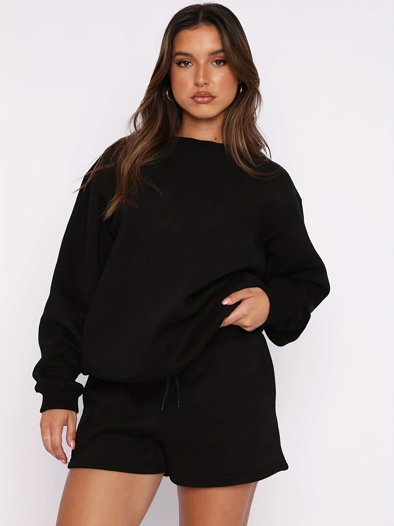 gbolsos 2 Pieces Solid Color Casual Sports Set, Crew Neck Long Sleeve Pullover Shirts & Drawstring Sweatpants, Women's Activewear