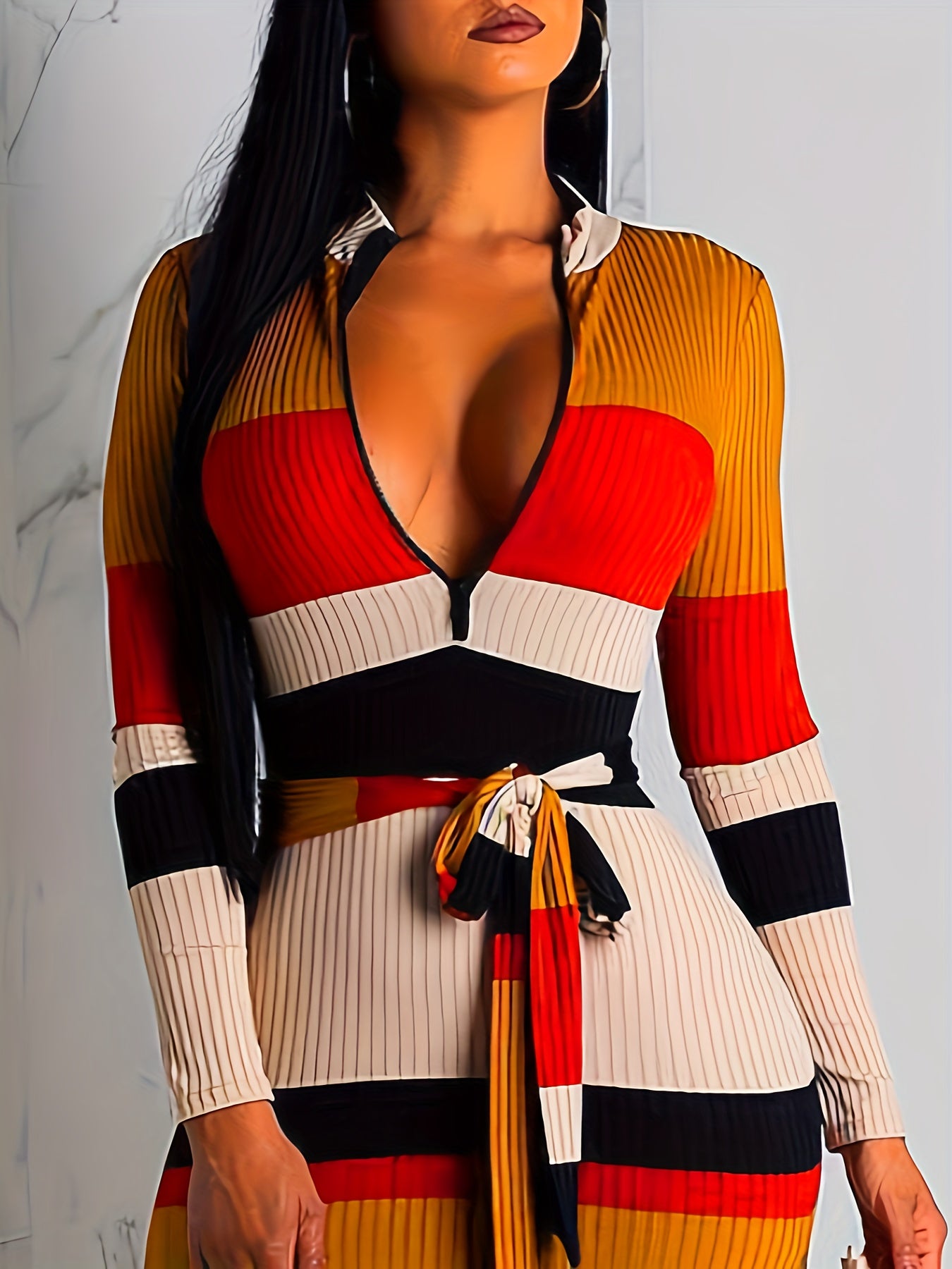 gbolsos Color Block Long Sleeve Zipper Dress, Ribbed Knit Tie-waist Mock Neck Dress For Spring & Fall, Women's Clothing