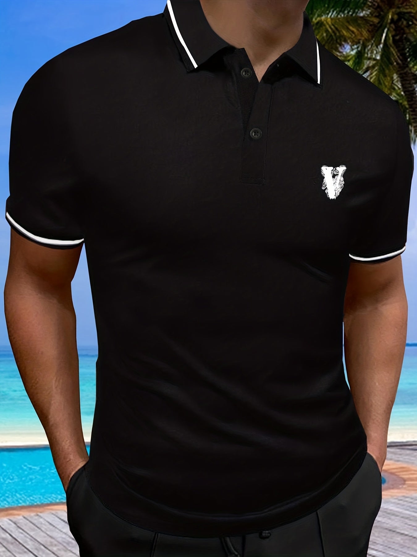 gbolsos Casual Short Sleeves Button Up Graphic Polo Shirts, V-neck Tops Pullovers, Men's Clothing For Summer