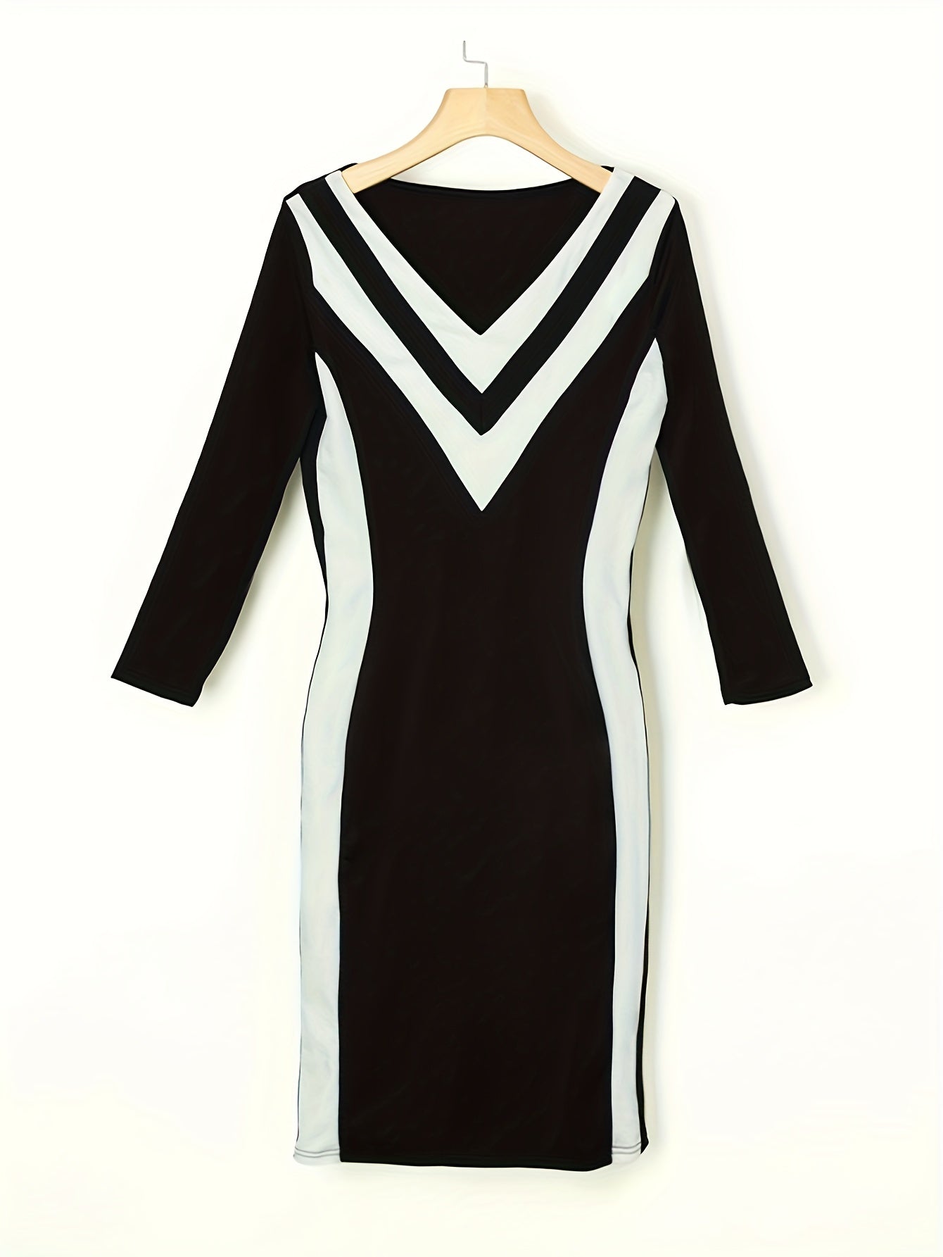 gbolsos Color Block Simple Dress, Casual V Neck Long Sleeve Pencil Dress, Women's Clothing