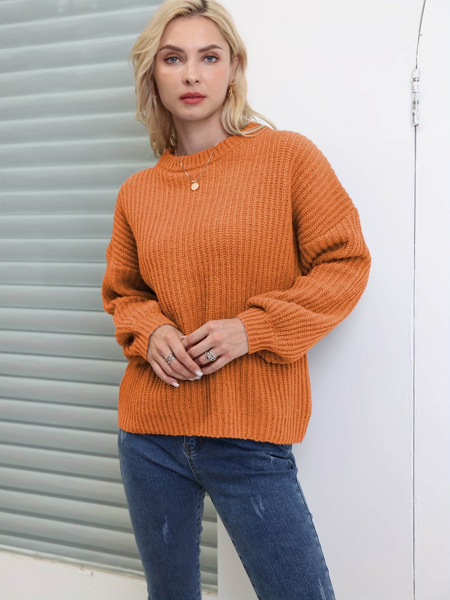 gbolsos Solid Versatile Knit Pullover Sweater, Casual Crew Neck Drop Shoulder Long Sleeve Sweater, Women's Clothing