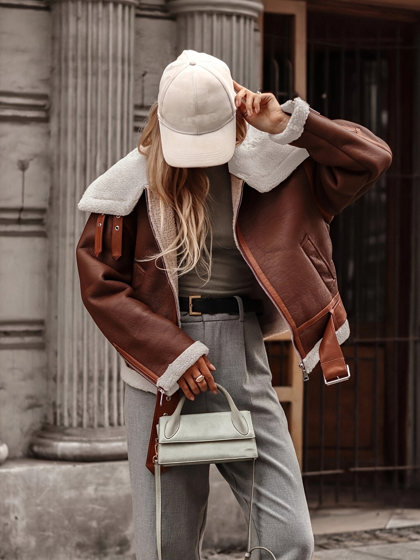 gbolsos Faux Leather Contrast Trim Zip-up Jacket, Stylish Long Sleeve Lapel Belt Jacket For Fall & Winter, Women's Clothing