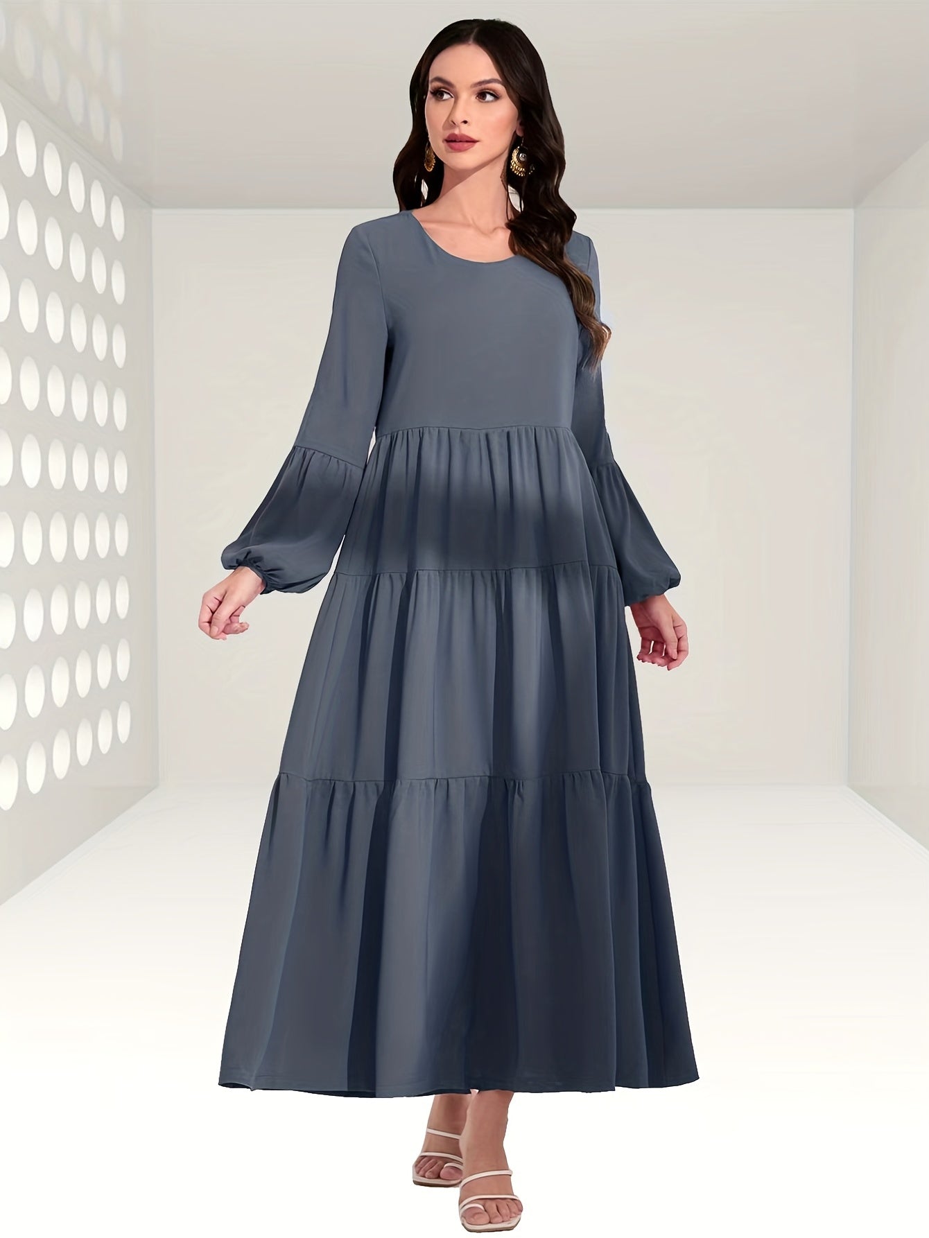Ruched Lantern Sleeve Dress, Casual Crew Neck Solid Maxi Dress, Women's Clothing