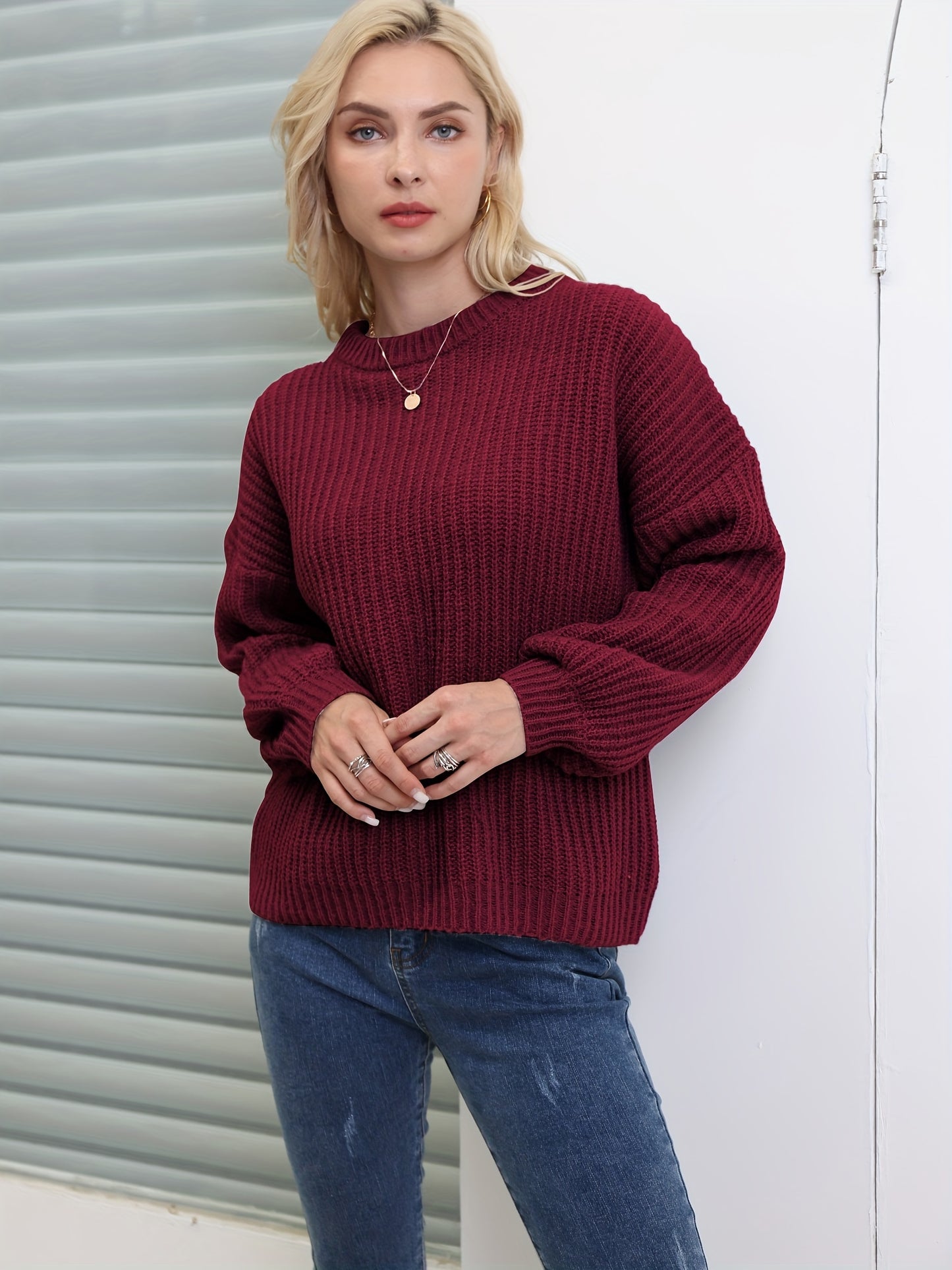 gbolsos Solid Versatile Knit Pullover Sweater, Casual Crew Neck Drop Shoulder Long Sleeve Sweater, Women's Clothing