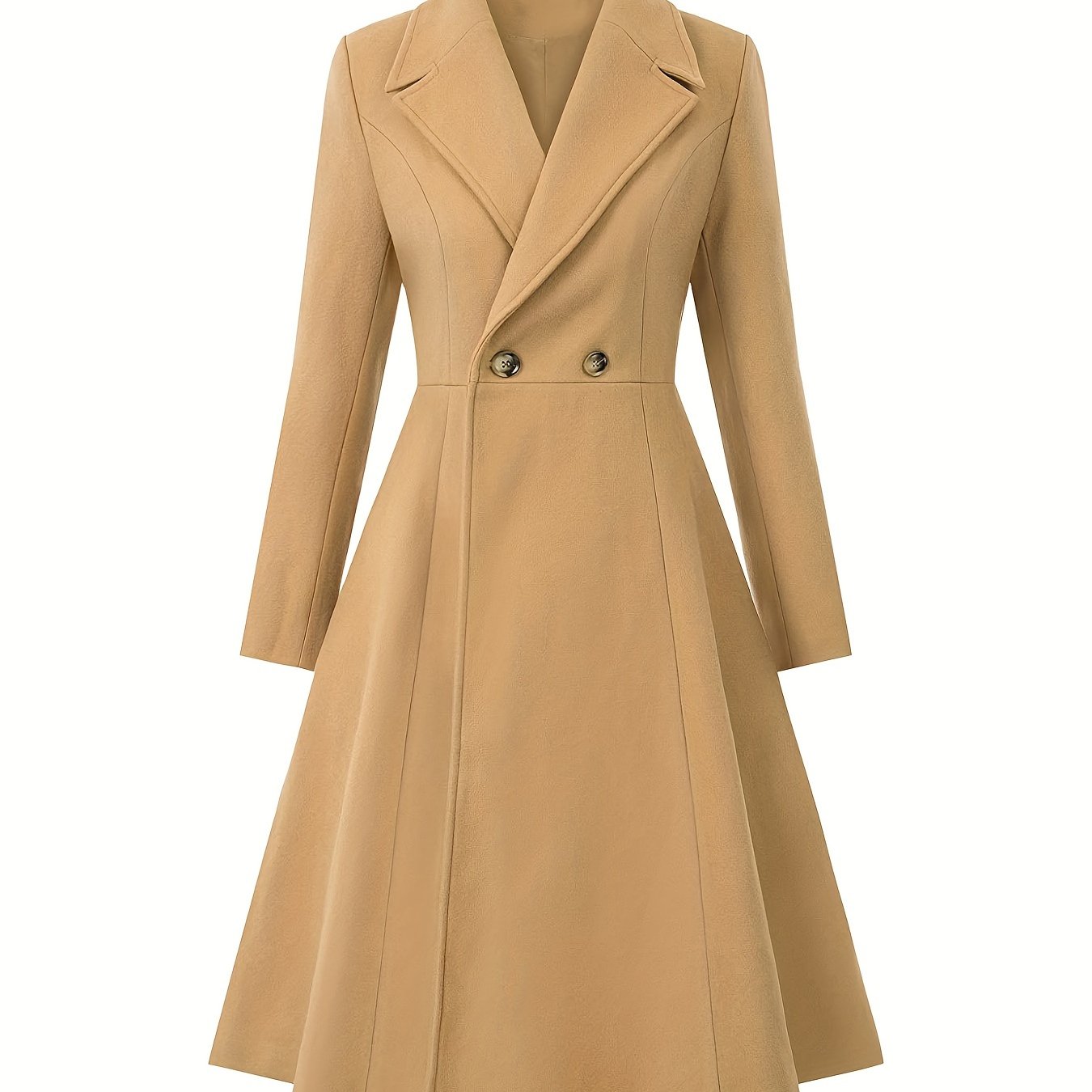 Solid Lapel Mid Length Coat, Elegant Double Breasted Long Sleeve Outerwear, Women's Clothing