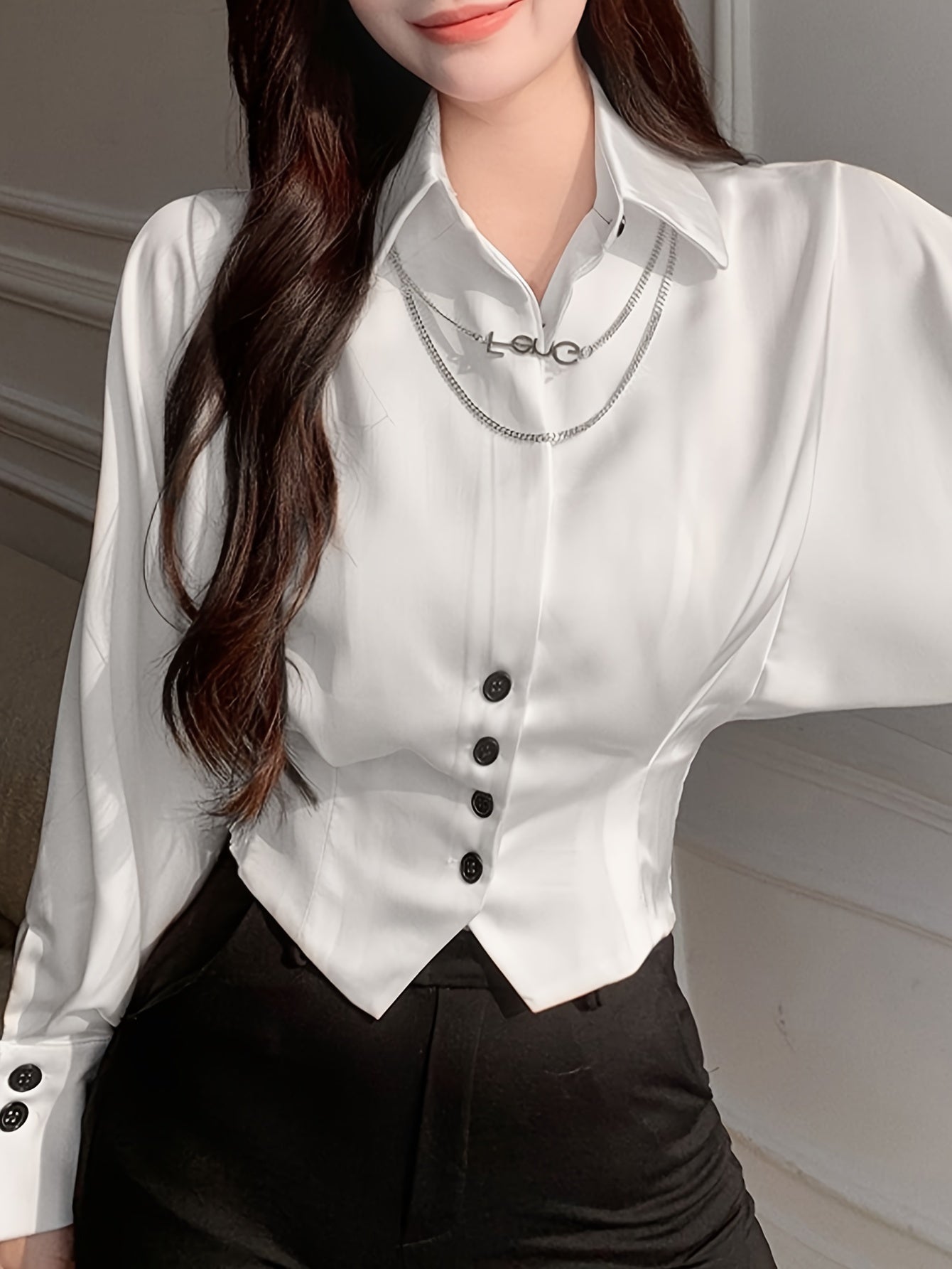 gbolsos Solid Button Front Slim Shirt, Elegant Long Sleeve Shirt For Spring & Fall, Women's Clothing