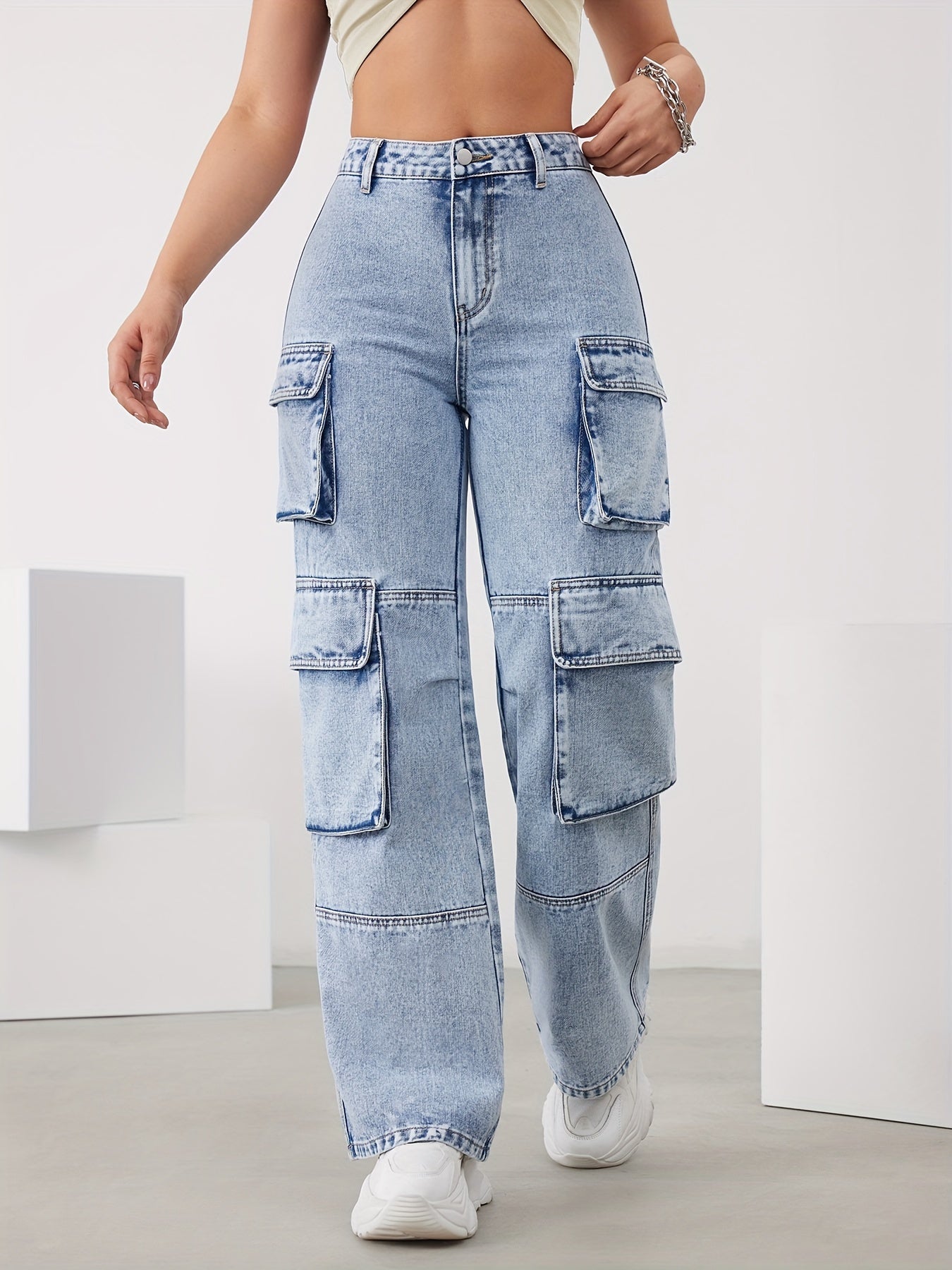 gbolsos Sky Blue Multi-pocket Cargo Pants, High Waist Loose Wide Leg Denim Pants, Women's Denim Jeans & Clothing