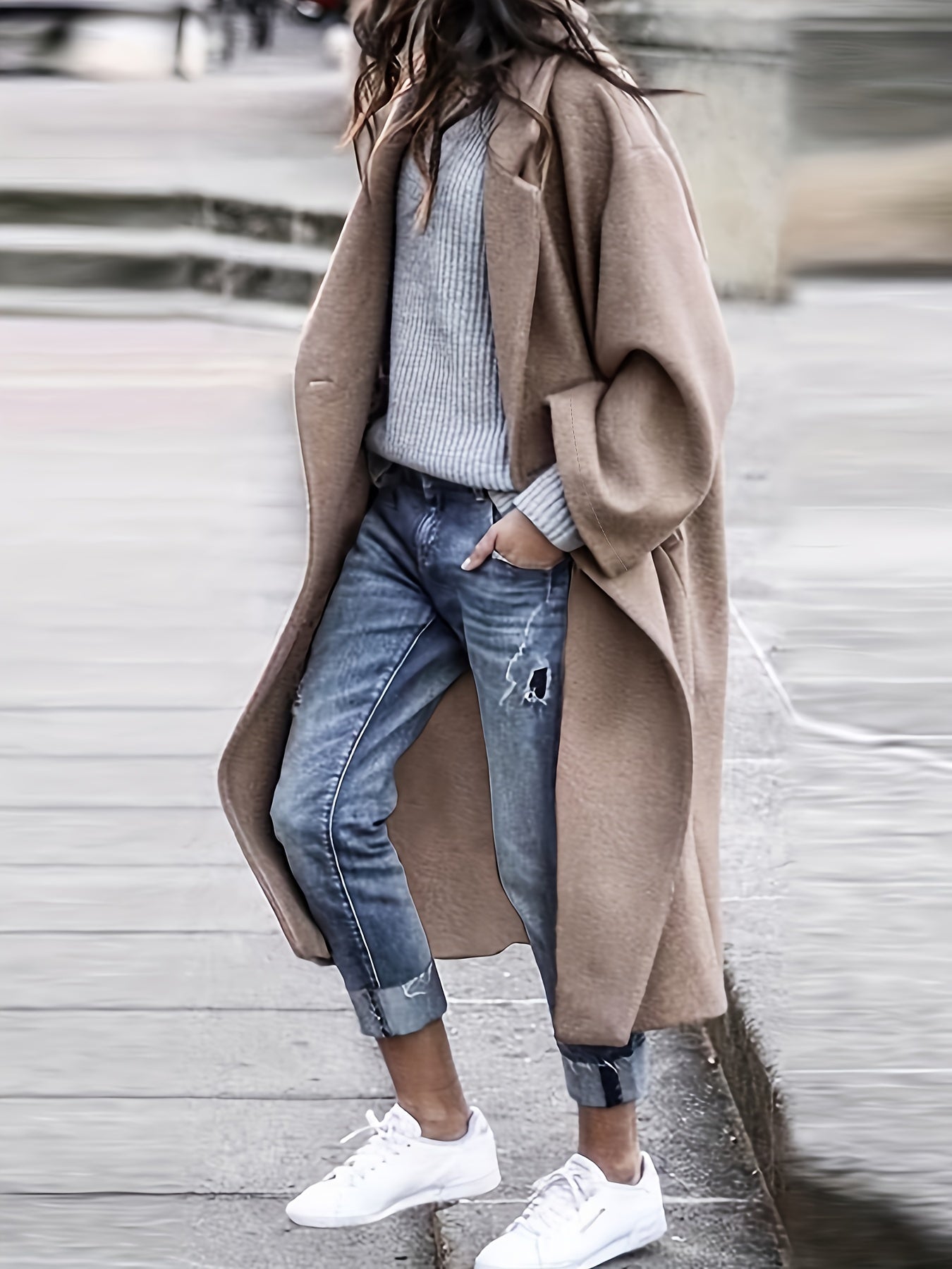 gbolsos Plus Size Elegant Coat, Women's Plus Solid Long Sleeve Lapel Collar Single Breasted Longline Overcoat