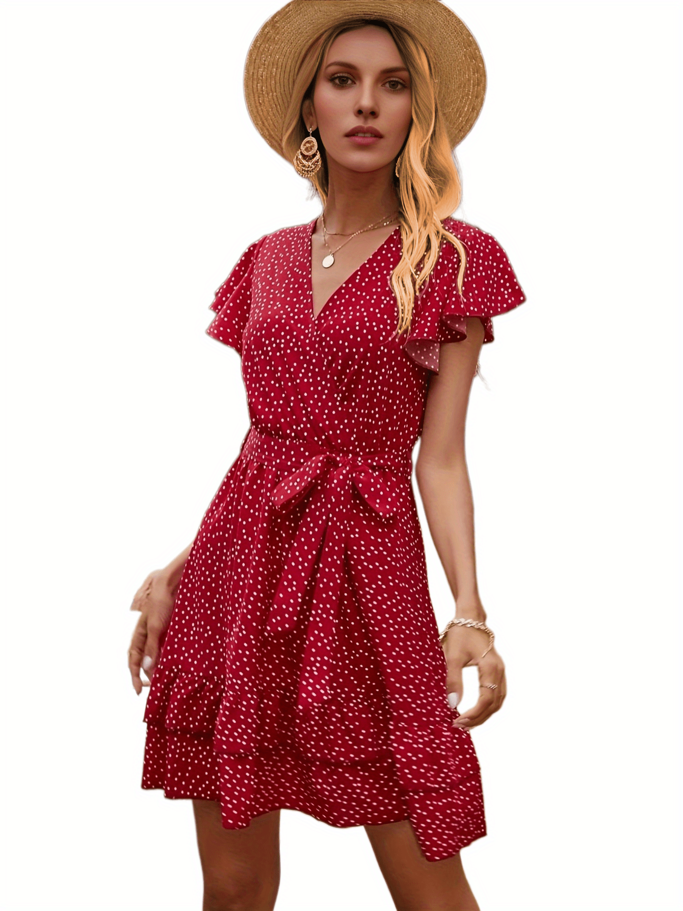 Polka Dot Flutter Sleeve Dress, Casual Layered Hem Dress For Spring & Summer, Women's Clothing