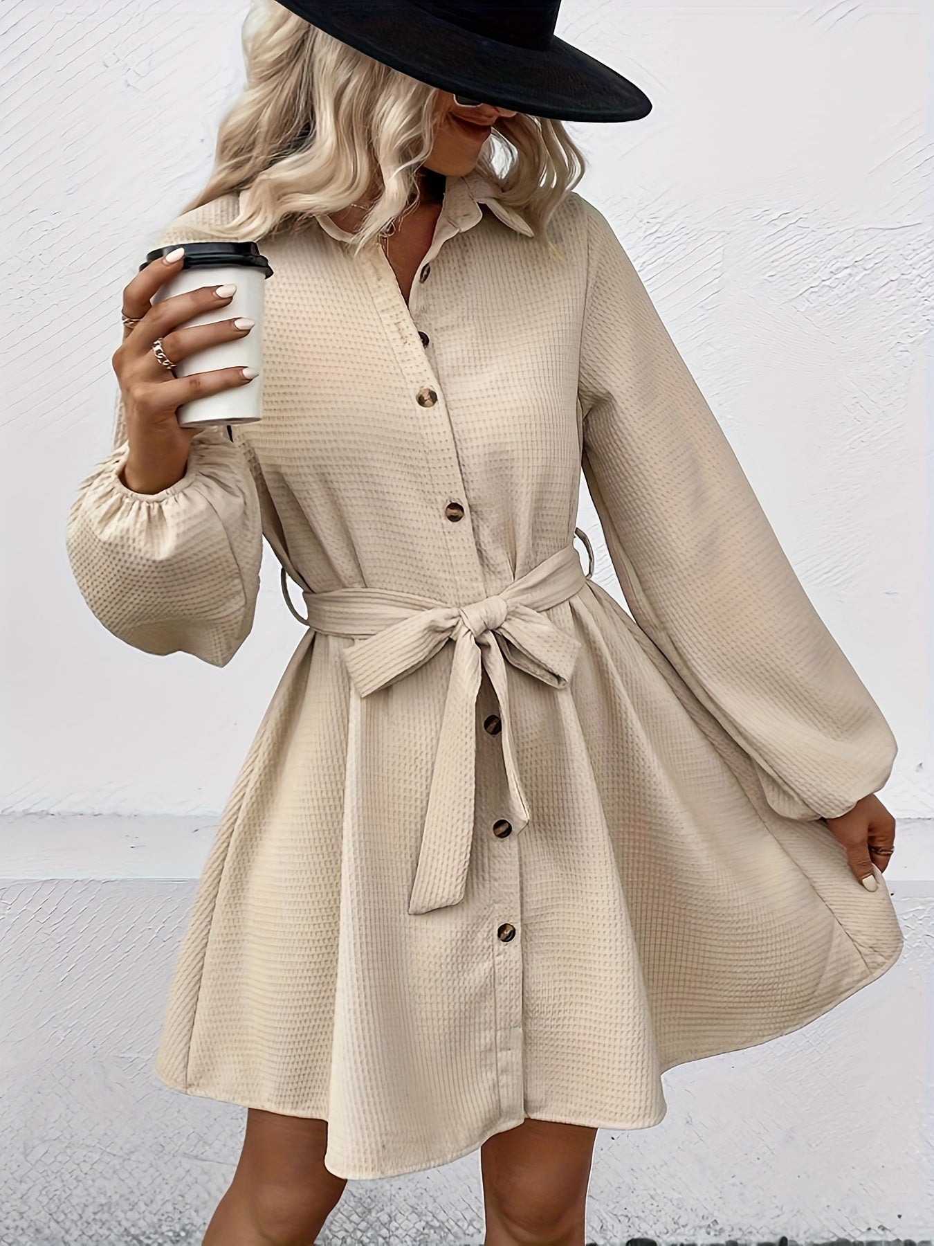 gbolsos Simple Button Front Shirt Dress, Casual Solid Long Sleeve Dress, Women's Clothing
