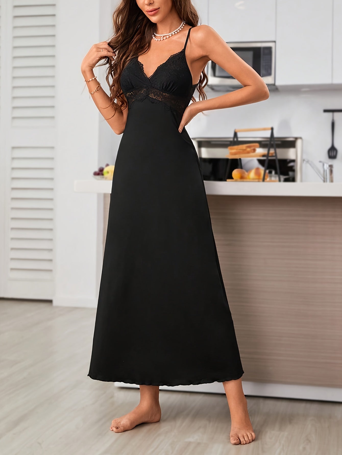 Sexy Solid Contrast Lace Slip Nightdress, V Neck Backless Sleep Dress, Women's Sleepwear & Dresses