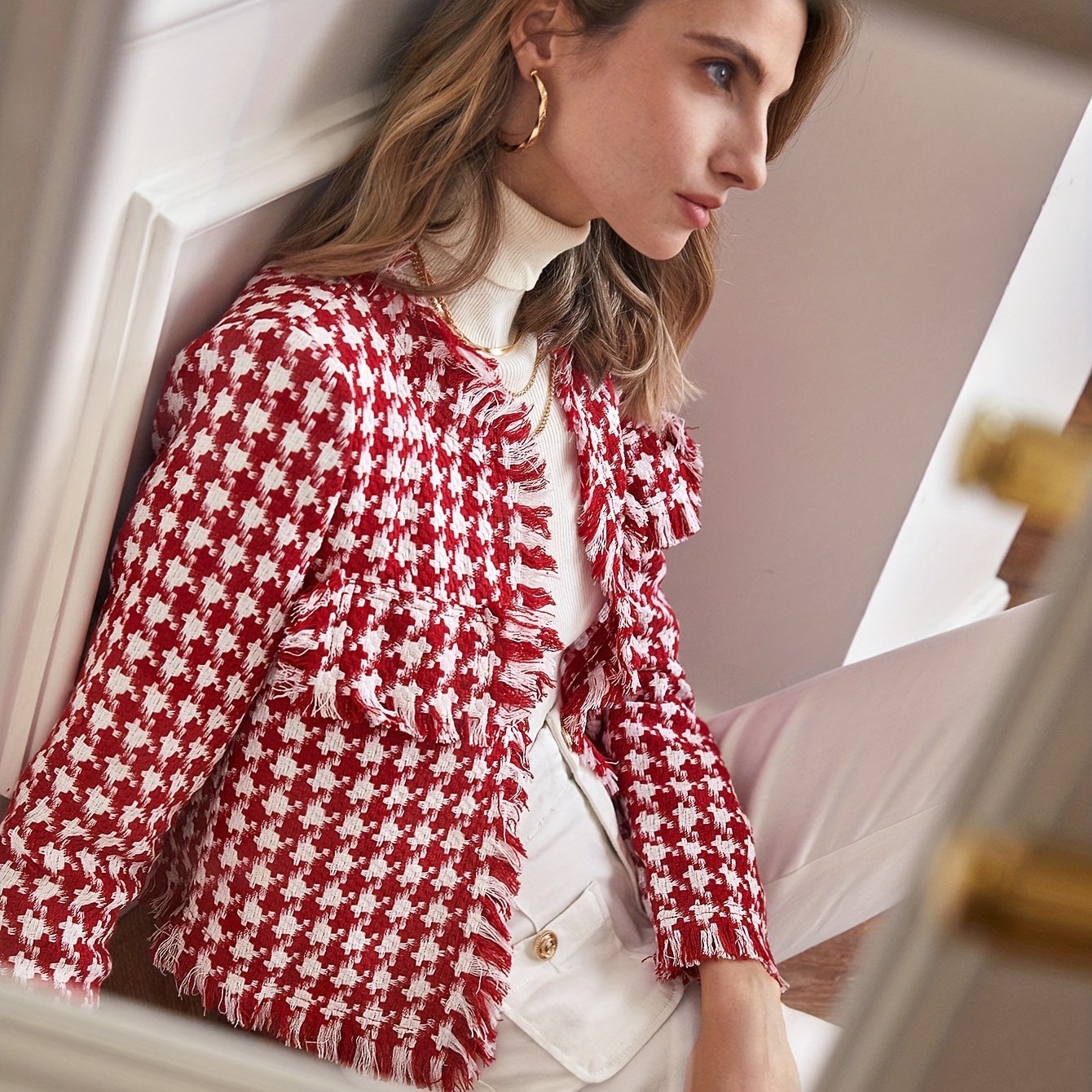 gbolsos Plaid Raw Hem Jacket, Casual Open Front Long Sleeve Outerwear, Women's Clothing