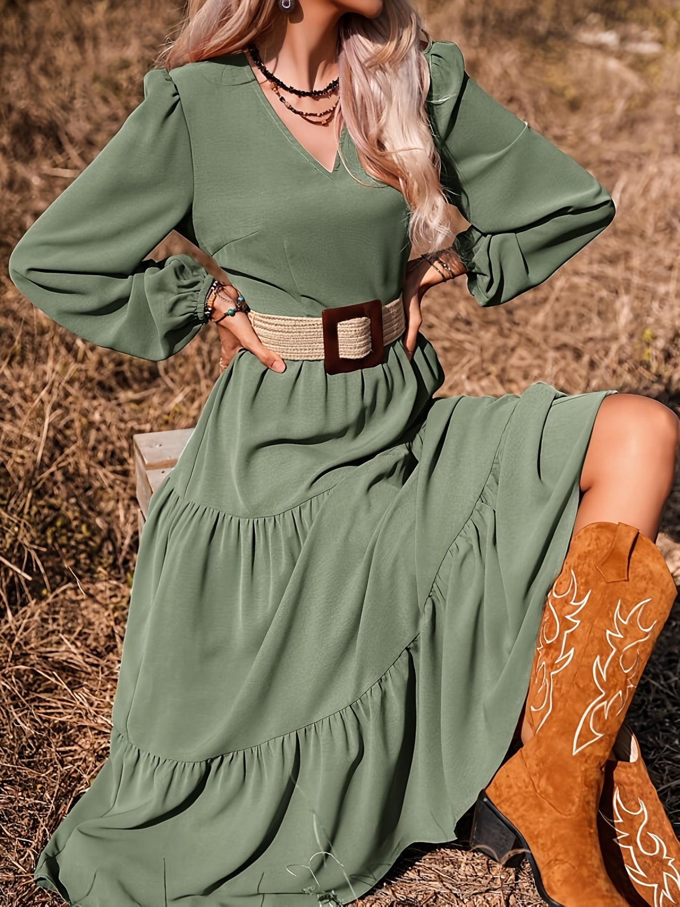 gbolsos Solid Color Lantern Sleeve Dress, Casual V Neck Tiered Dress For Spring & Fall, Women's Clothing