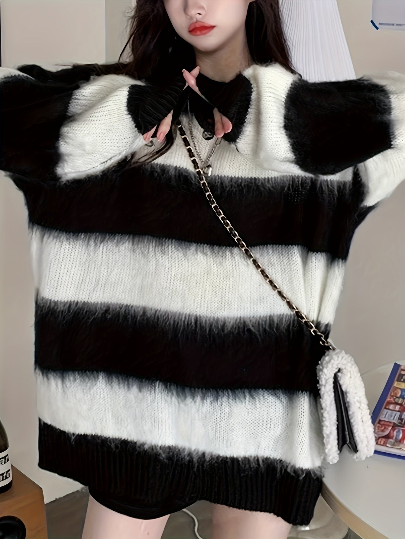 gbolsos Striped Crew Neck Pullover Sweater, Casual Long Sleeve Loose Cozy Sweater, Women's Clothing