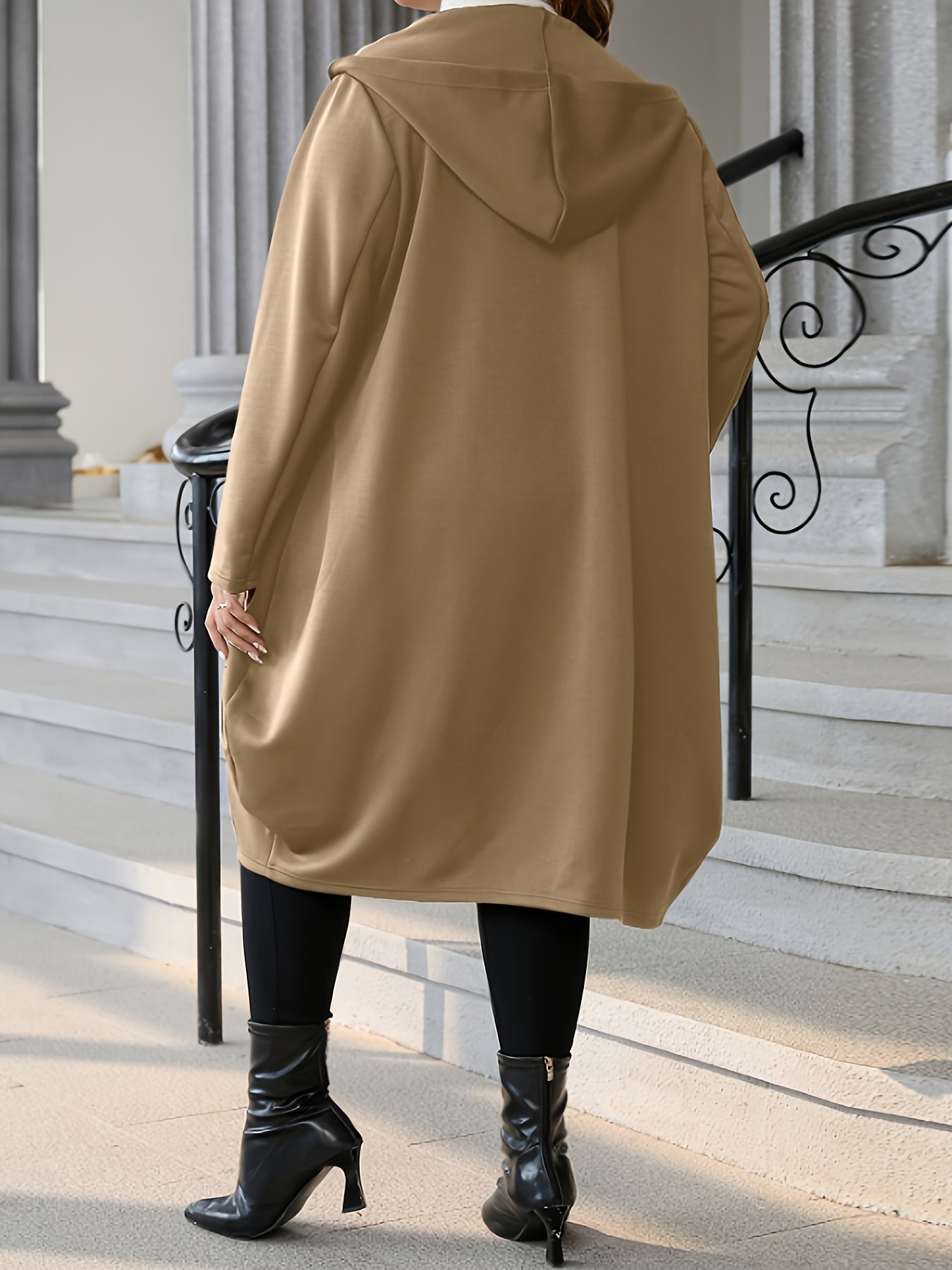 Plus Size Casual Coat, Women's Plus Solid Zipper Long Sleeve Slight Stretch Hooded Oversized Coat With Pockets