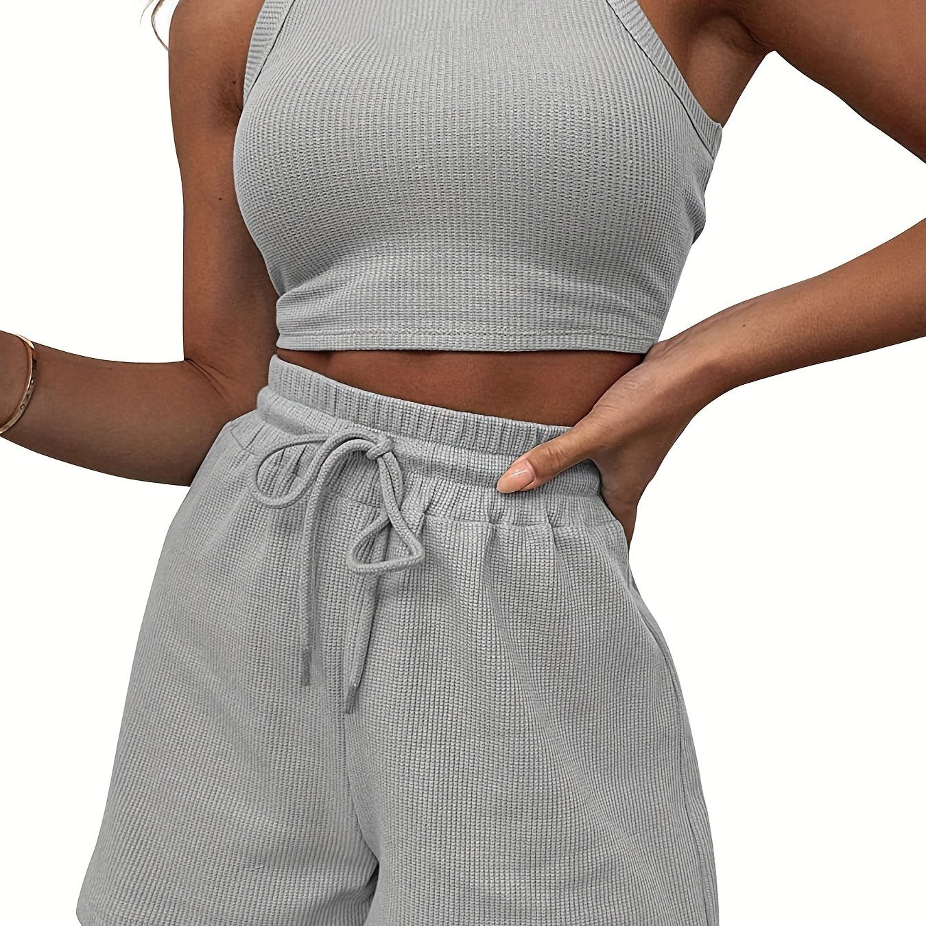 gbolsos 2pcs Waffle Casual Sports Sets, Solid Crew Neck Sports Crop Tank Top & Drawstring Shorts, Women's Athleisure