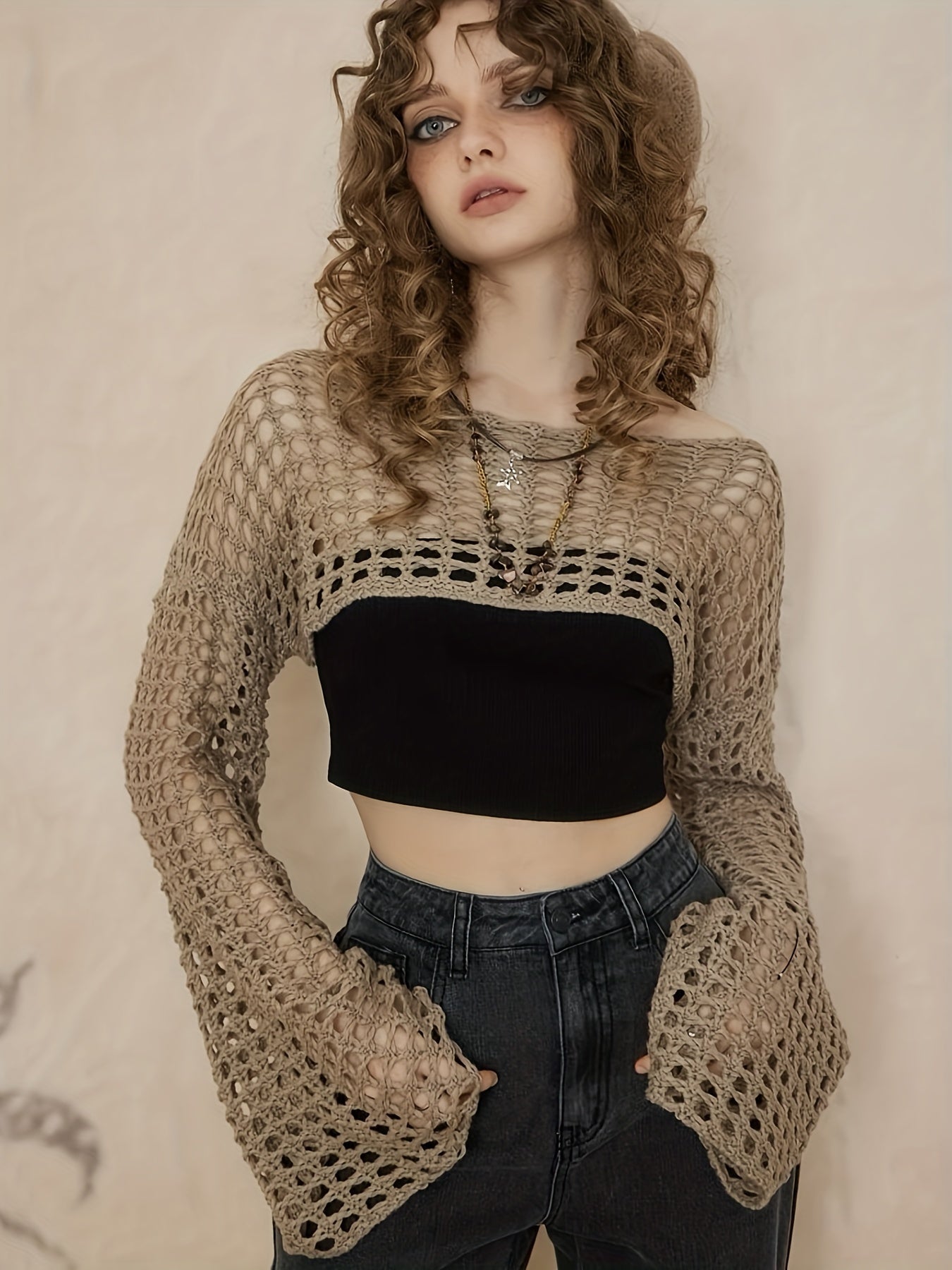 gbolsos Solid Hollow Out Crochet Coverup, Casual Boat Neck Bell Sleeve Crop Sweater, Women's Clothing
