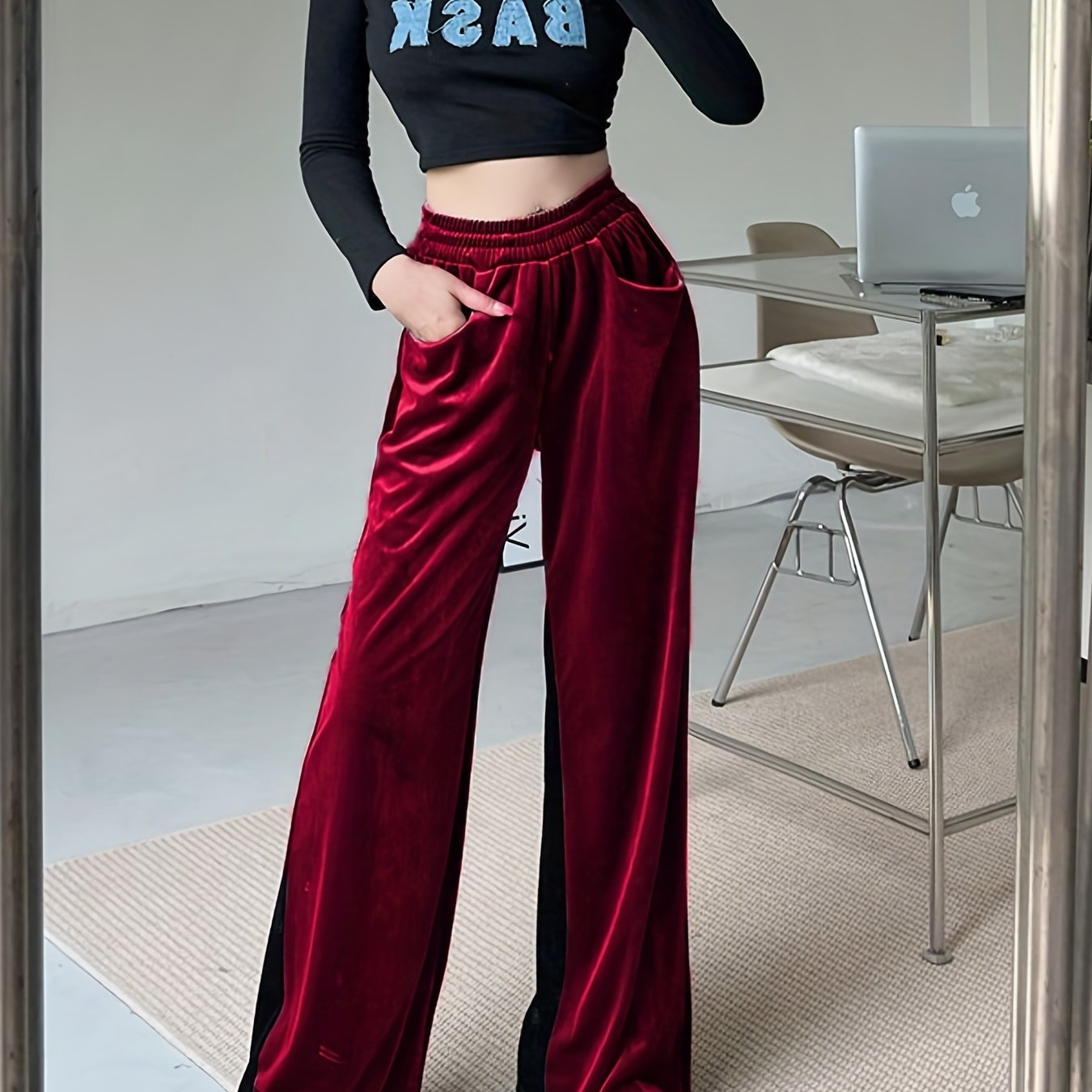 Velvet High Waist Pants, Casual Elastic Wide Leg Draped Pants With Pockets, Women's Clothing