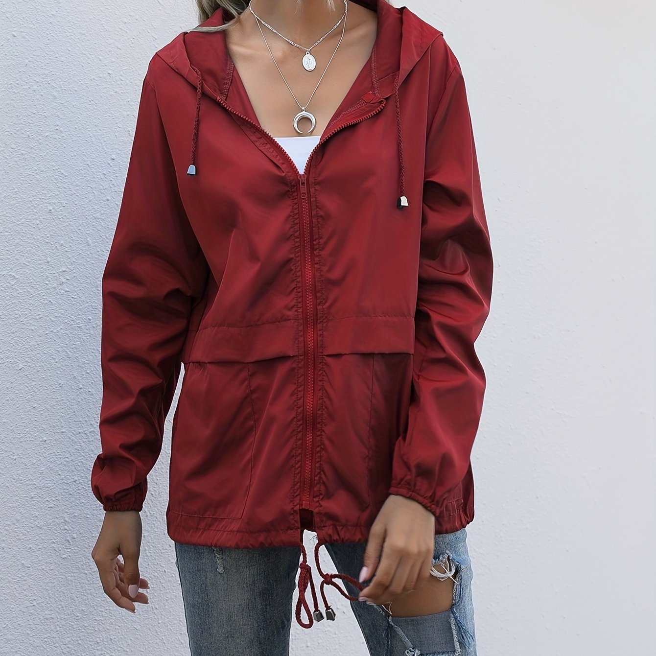 gbolsos Drawstring Solid Hooded Jacket, Casual Long Sleeve Versatile Outerwear, Women's Clothing