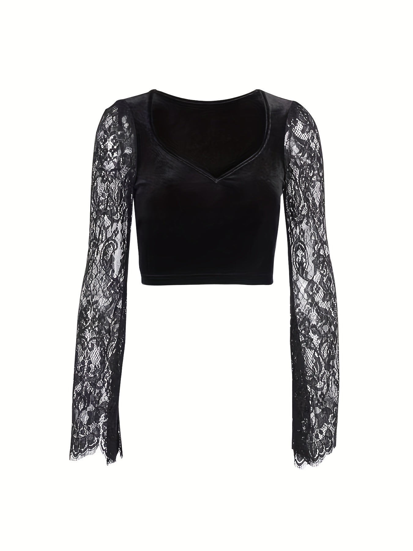 kkboxly Floral Lace Stitching V Neck T-Shirt, Casual Long Sleeve Top For Spring & Fall, Women's Clothing