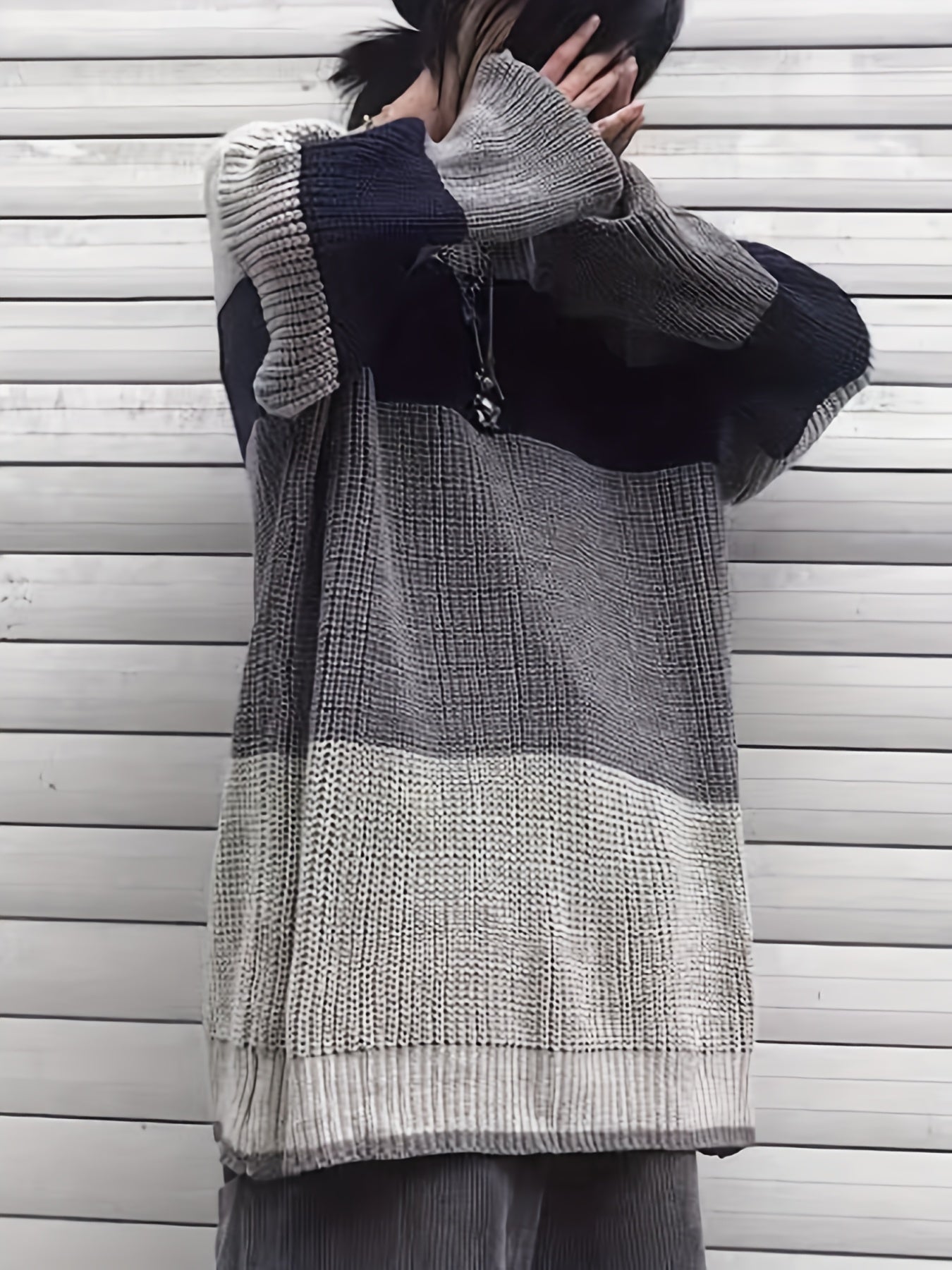 gbolsos Color Block Crew Neck Pullover Sweater, Vintage Long Sleeve Oversized Slouchy Sweater, Women's Clothing