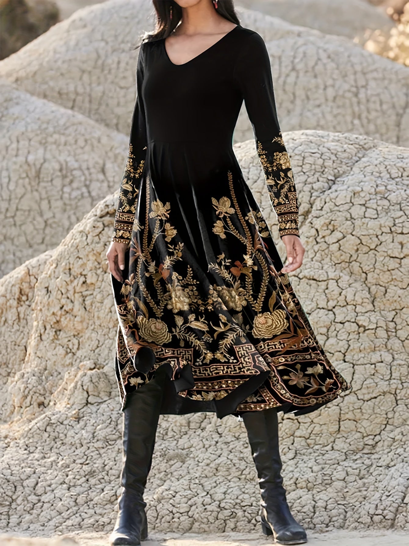 gbolsos Floral Print V Neck Dress, Elegant Long Sleeve Dress, Women's Clothing