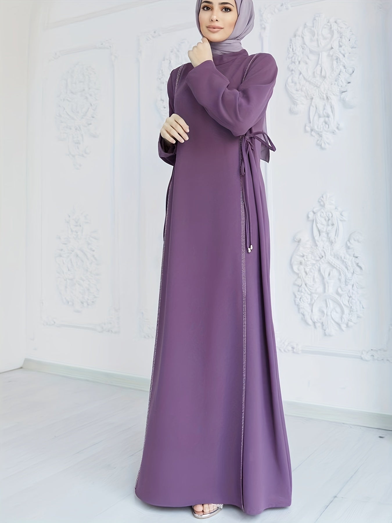 Rhinestone Kaftan Dress, Casual Long Sleeve High Collar Solid Dress, Women's Clothing