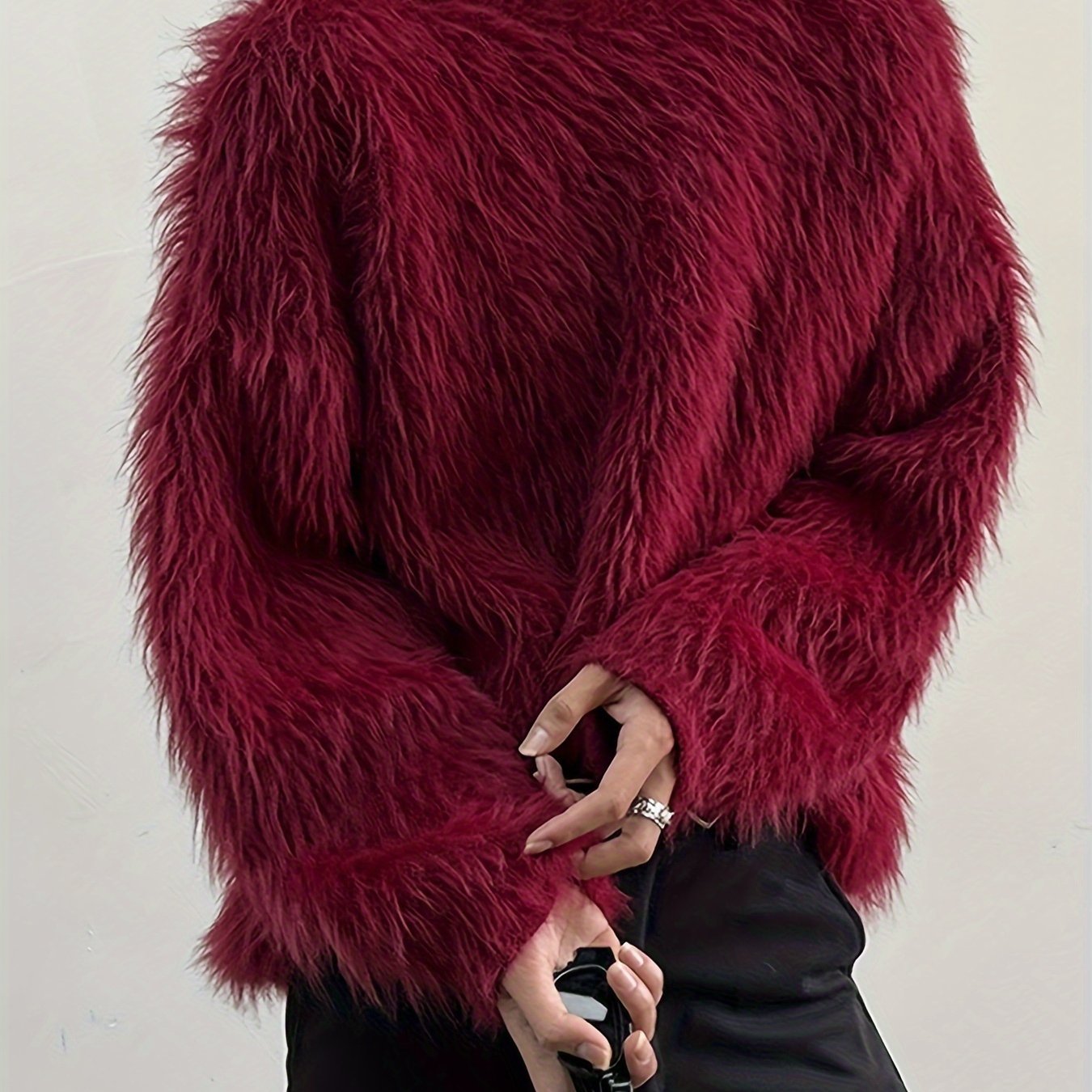 gbolsos Men's Chic Fluffy Faux Fur Long Sleeve Sweater, Street Style Pullover Crew Neck Sweatshirt
