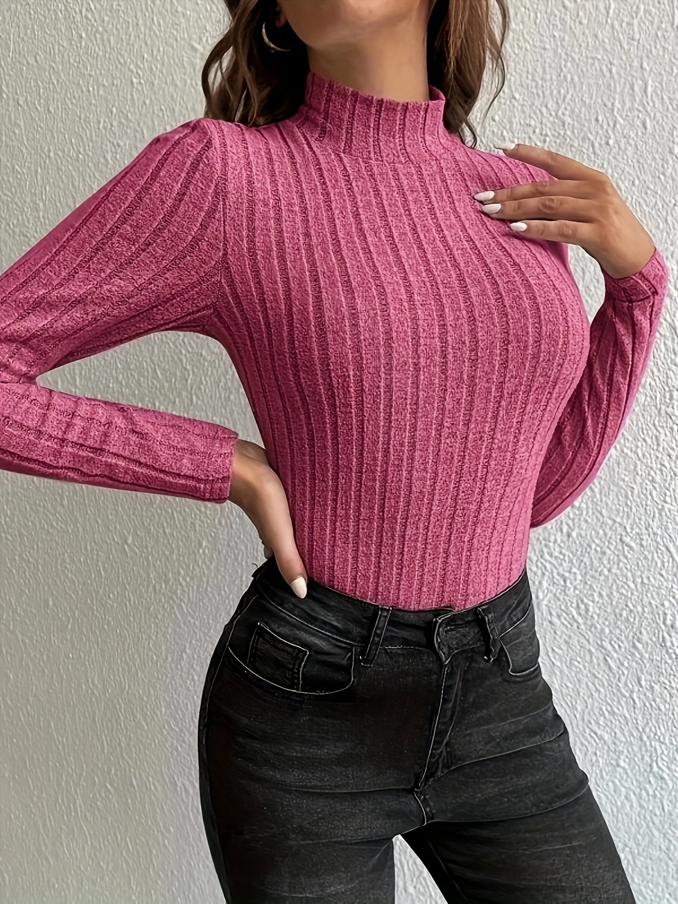 gbolsos Solid Turtleneck Knit Top, Elegant Slim Long Sleeve Sweater For Spring & Fall, Women's Clothing