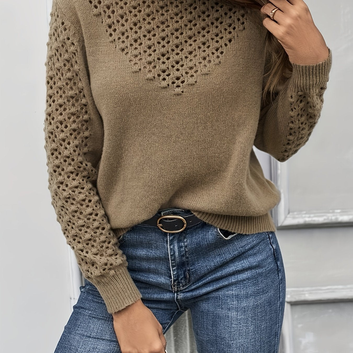 gbolsos Eyelet Solid Knit Sweater, Casual Crew Neck Long Sleeve Sweater, Women's Clothing