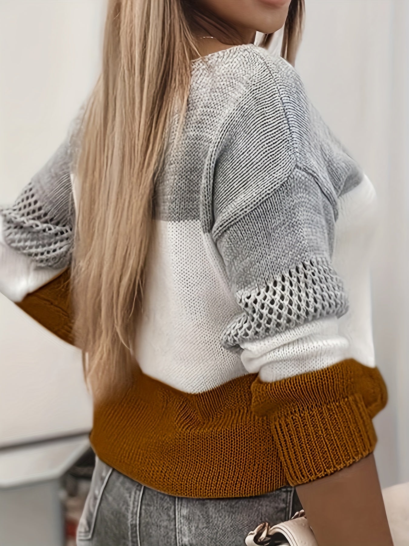 gbolsos Color Block Cut Out Sweater, Casual Long Sleeve Sweater For Spring & Fall, Women's Clothing