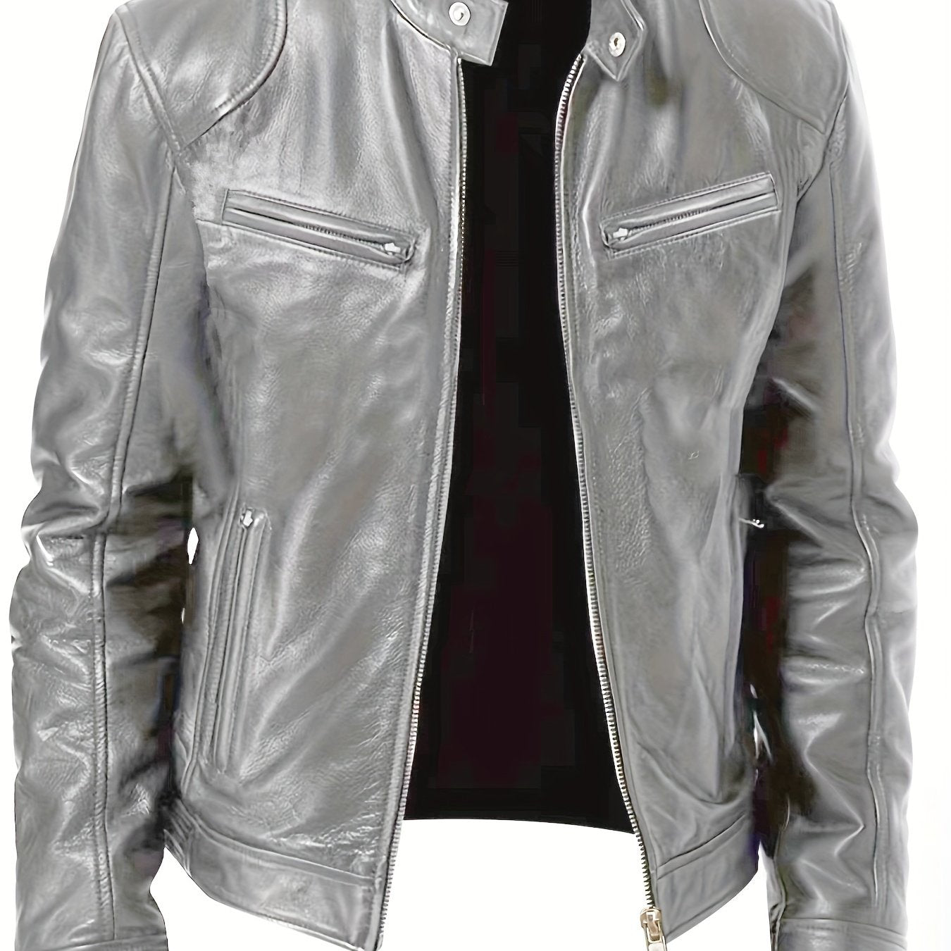 gbolsos Zipper Pockets PU Jacket, Men's Casual Solid Color Zip Up Stand Collar Faux Leather Jacket For Spring Fall