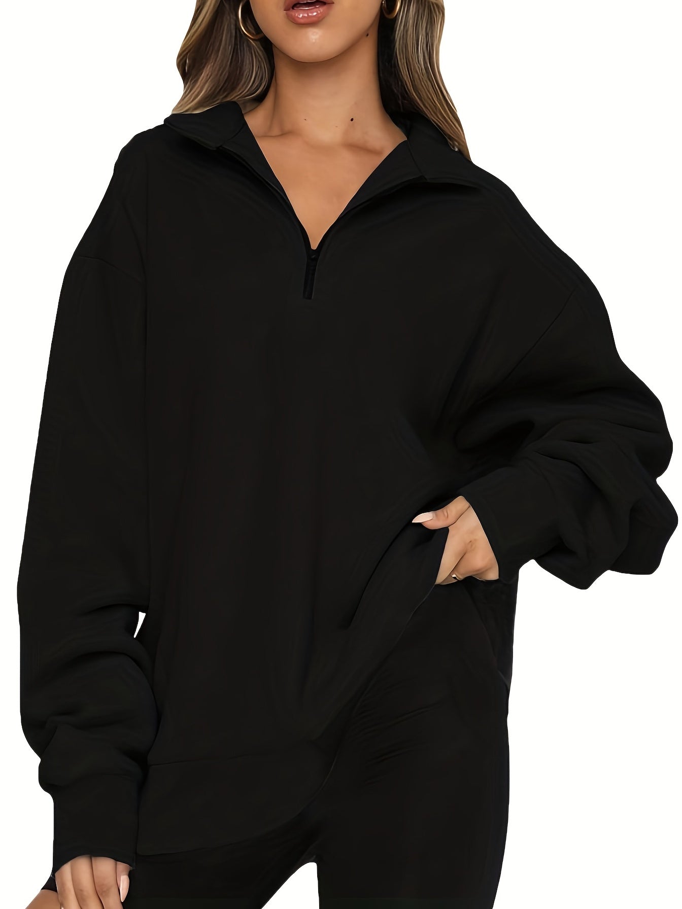 gbolsos Quarter Zip Lapel Neck Sweatshirt, Casual Sporty Long Sleeve Sweatshirt For Fall & Winter, Women's Clothing