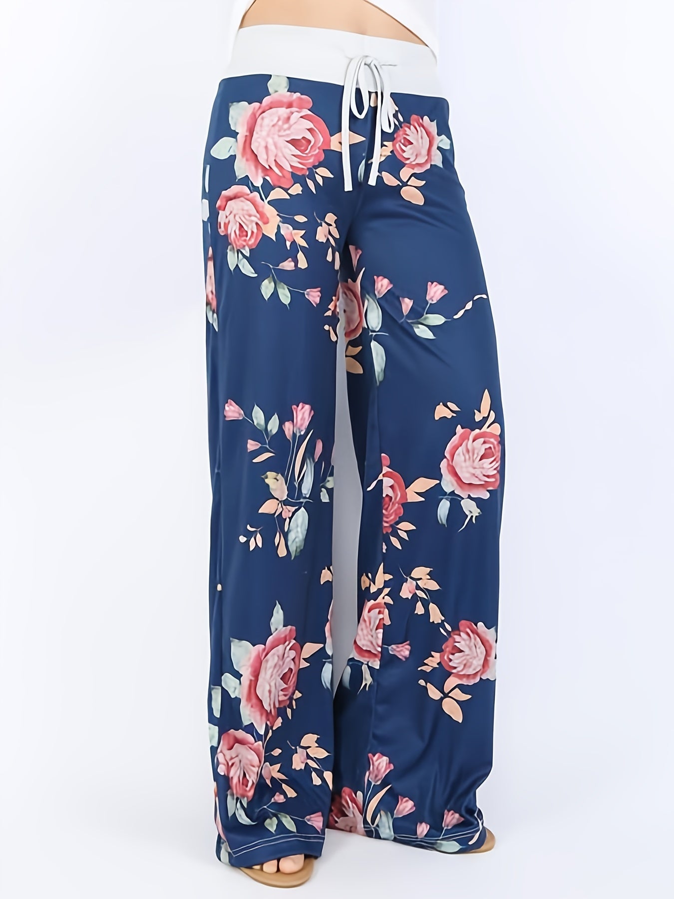 Loose Wide Leg Pants, Casual Yoga Low Waist Solid Floral Print Summer Comfy Pants, Women's Clothing