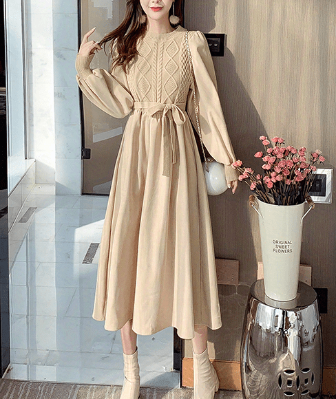 gbolsos Solid Knitted Dress, Elegant Crew Neck Long Sleeve Dress, Women's Clothing