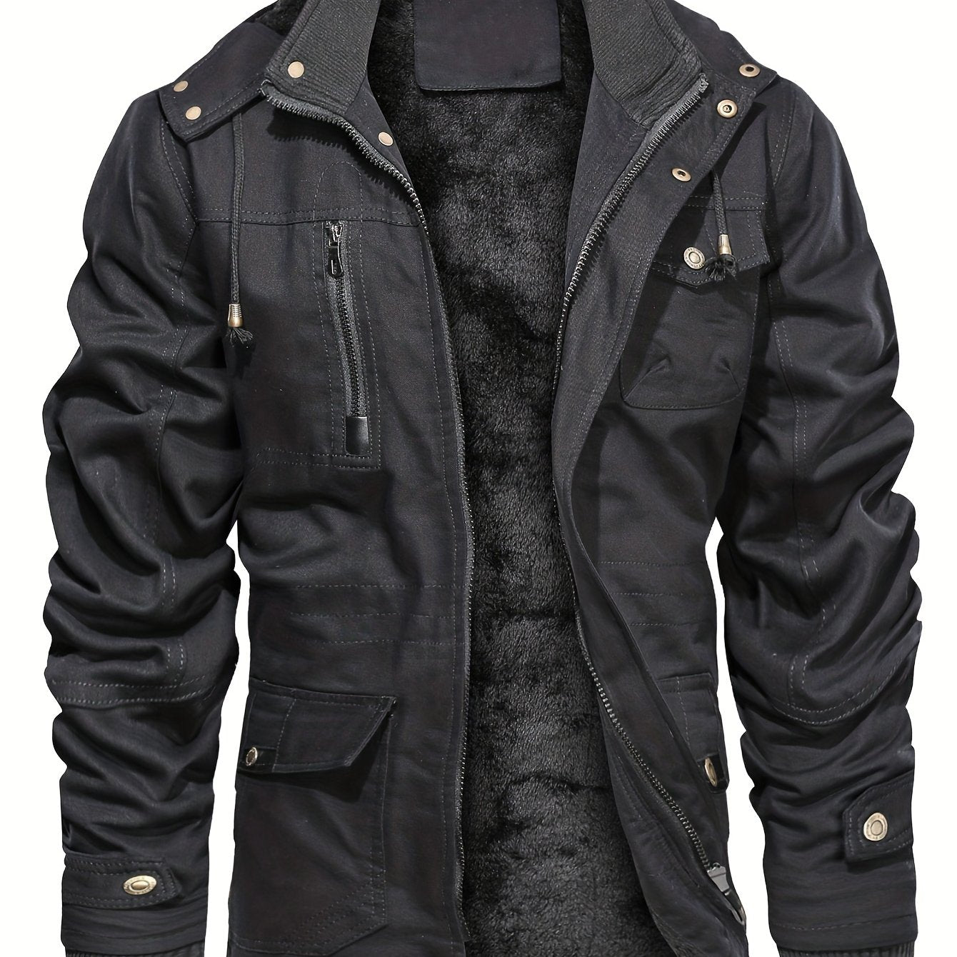 gbolsos Men's Winter Cargo Jackets Casual Thicken Multi-Pocket Outwear Fleece Lined Military Warm Coat Removable Hood
