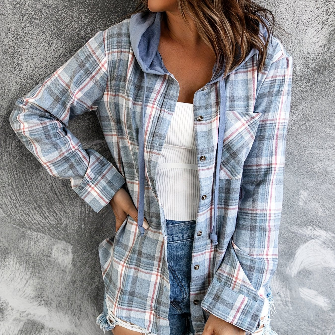 gbolsos Hooded Plaid Print Blouse, Casual Button Front Drawstring Long Sleeve Blouse, Women's Clothing