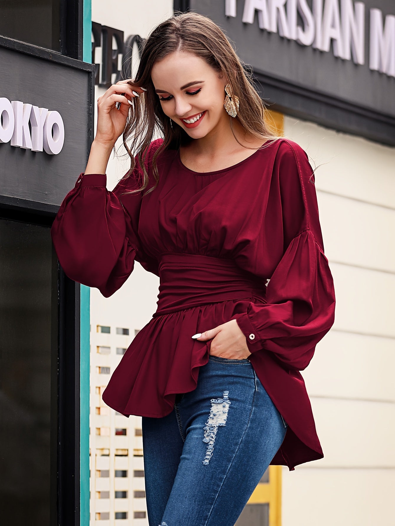 gbolsos Solid Cinched Waist Smocked Blouse, Versatile Lantern Sleeve Blouse For Spring & Fall, Women's Clothing