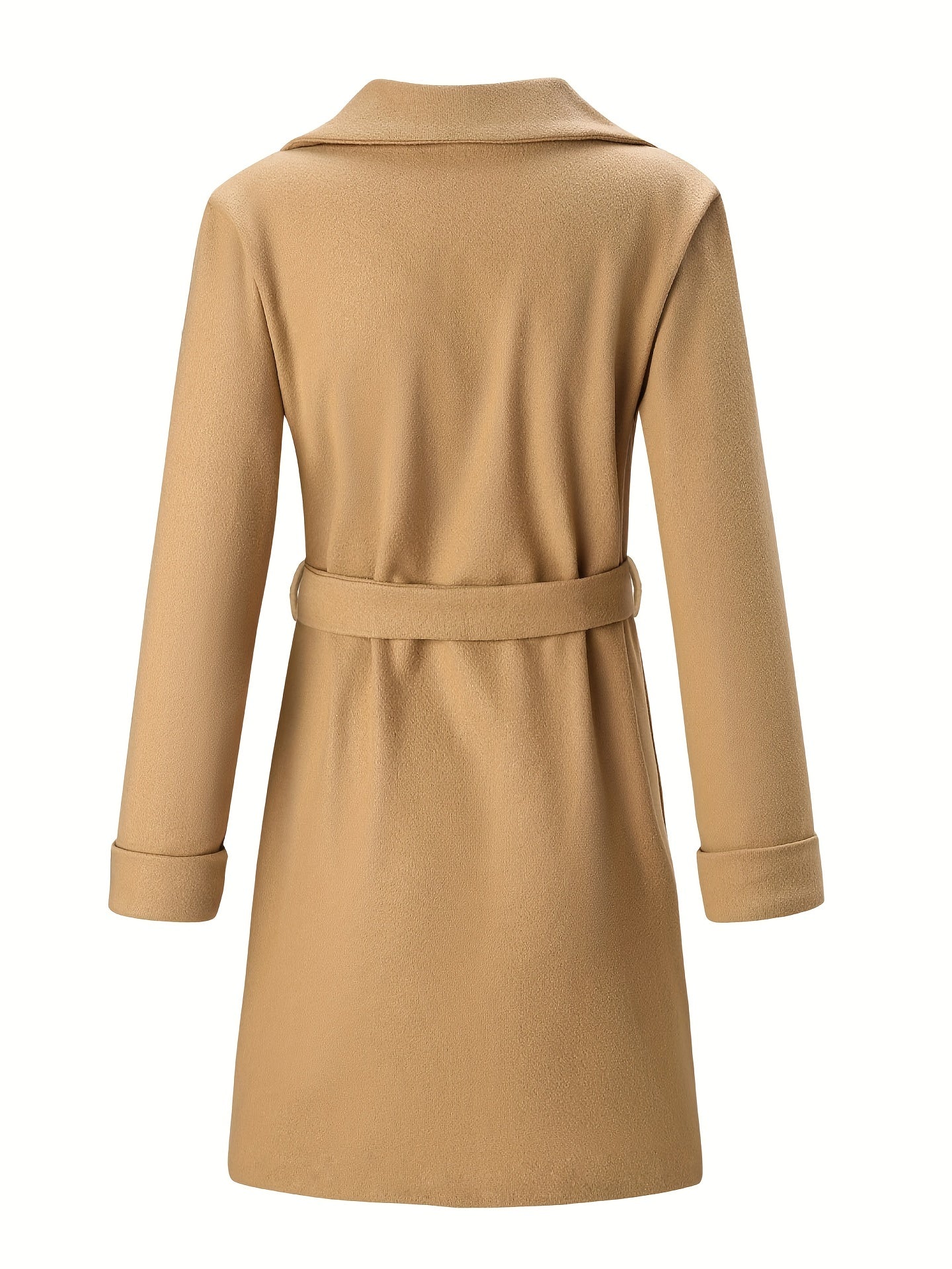gbolsos Solid Open Front Overcoat, Casual Long Sleeve Lapel Belted Jacket For Fall & Winter, Women's Clothing
