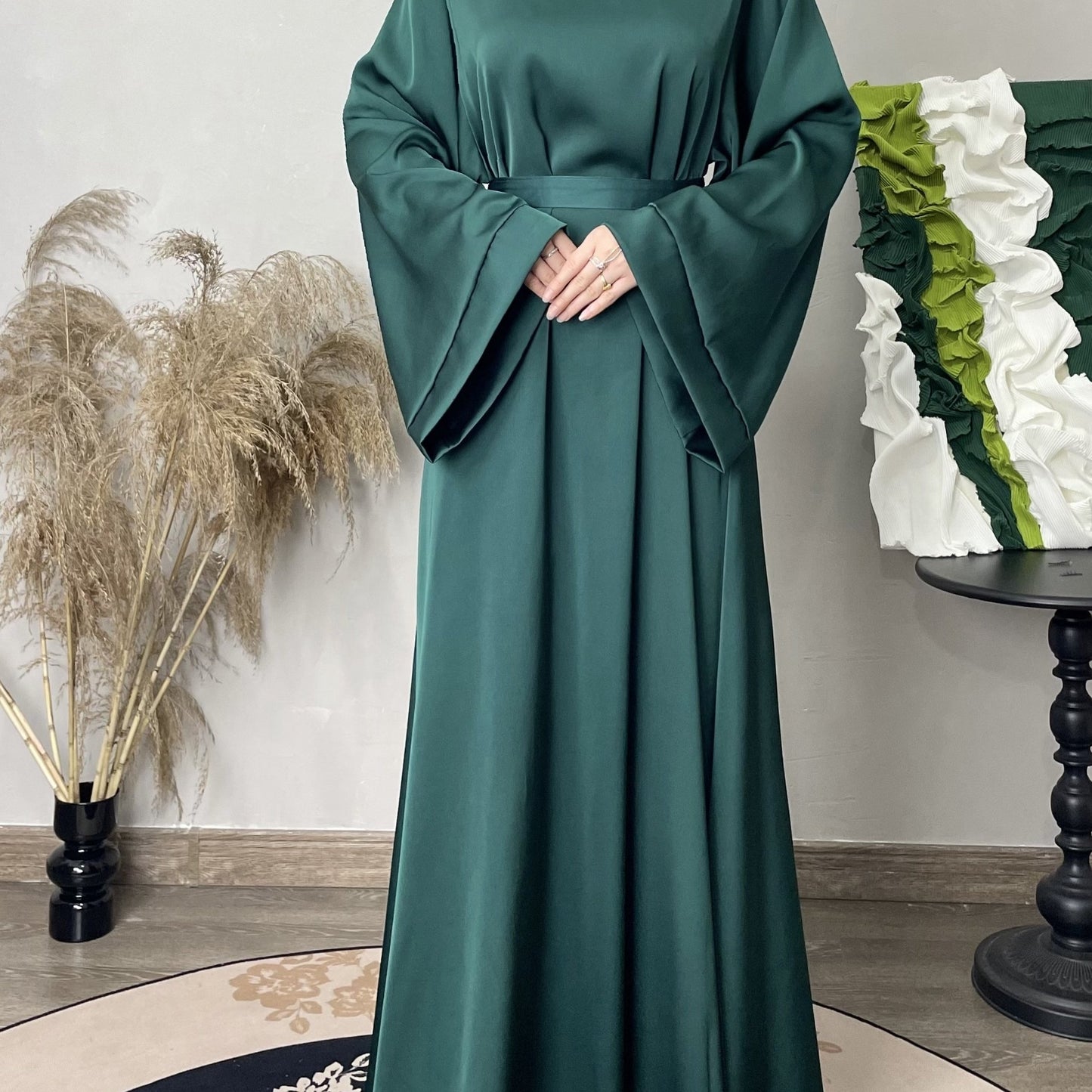 Solid Maxi Kaftan Abaya, Modest Crew Neck Long Sleeve Abaya, Women's Clothing