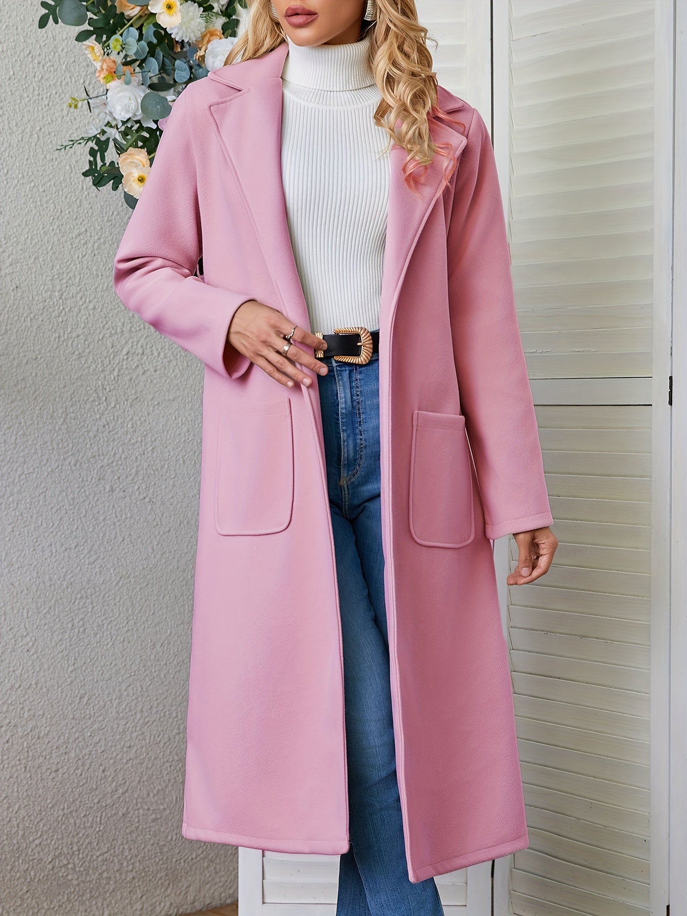 gbolsos Solid Lapel Mid Length Overcoat, Casual Open Front Long Sleeve Outerwear With Pockets, Women's Clothing